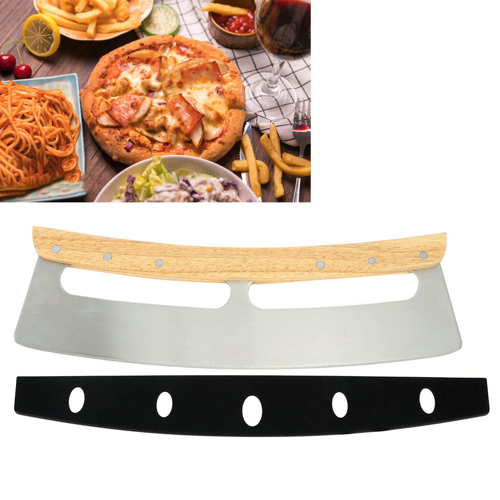 Halbmondförmiger Pizzaschneider, Küchenutensil, Langer Pizzaschneider, Typ A, Einzelgriff, Farbkartonverpackung.