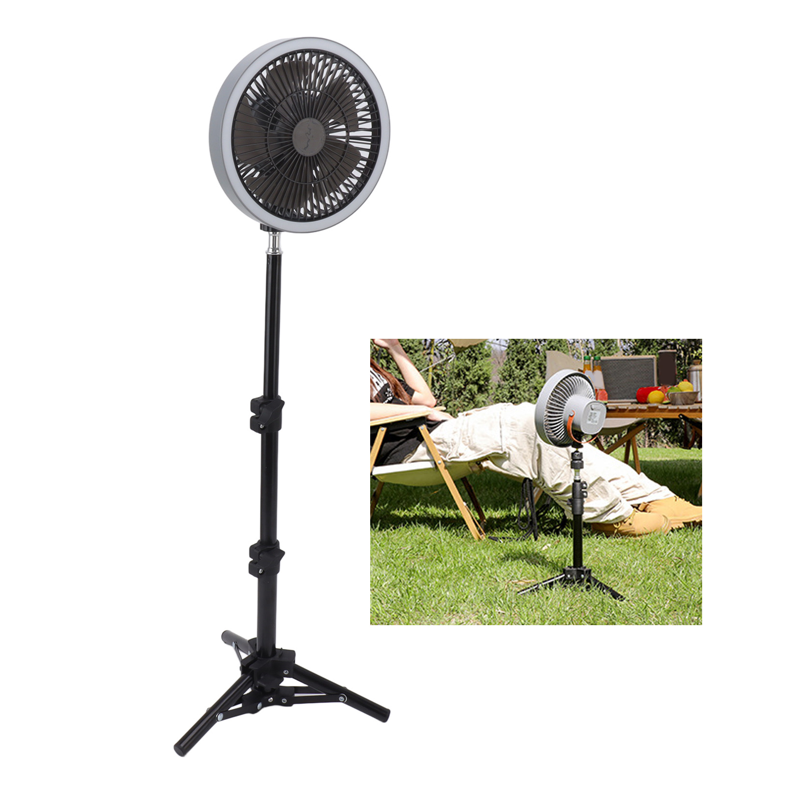 Multifunktionaler Stativventilator Für Die Outdoor-campingbeleuchtung, Tragbare Powerbank Mit Großer Kapazität, Geeignet Für Die Verwendung Auf Einem Tisch Oder An Der Decke, Grau.