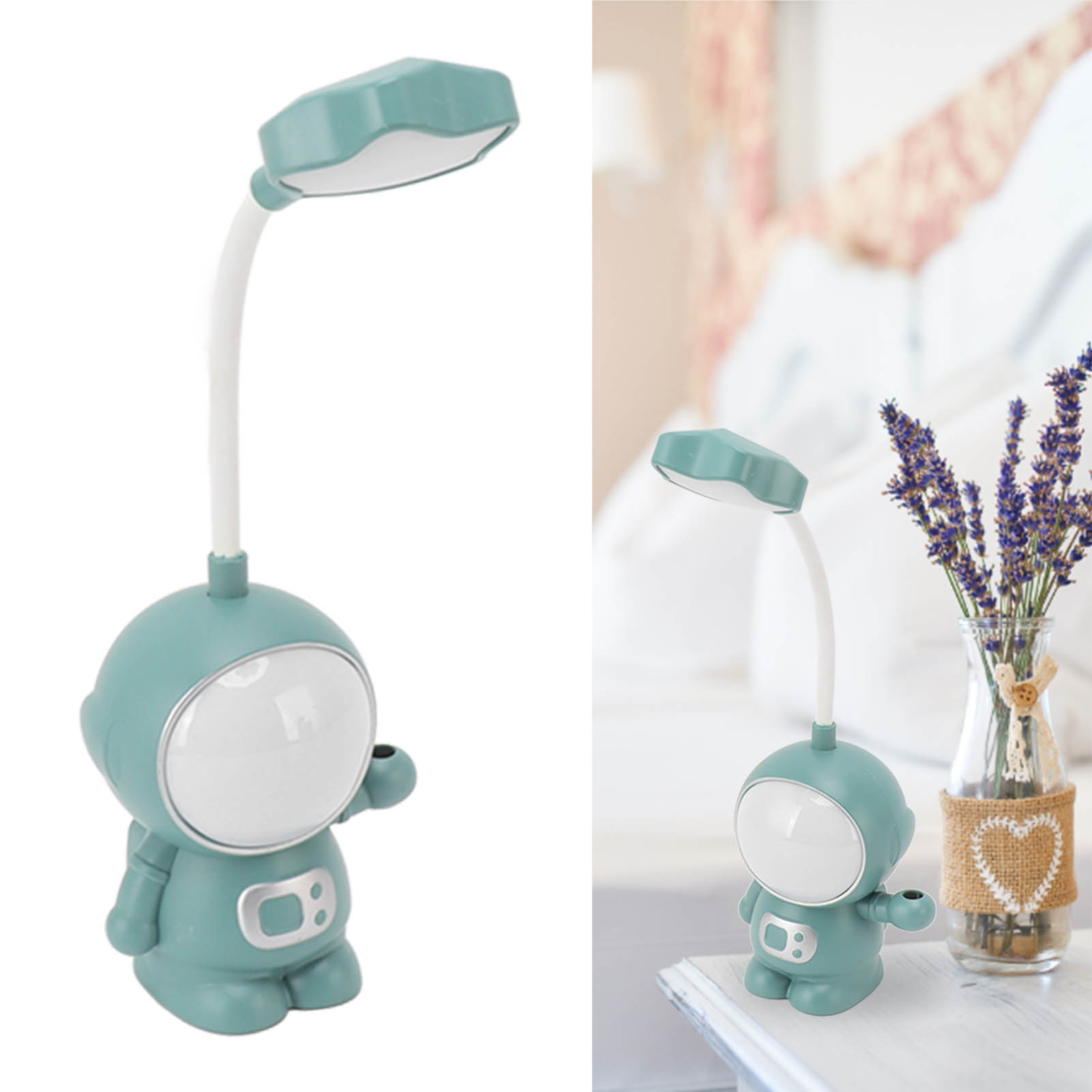 Kreative Astronauten-led-nachttischlampe (3 W), Usb-aufladbar, Augenschonend, Mit Integriertem Anspitzer, 5 V, Grünes + Siebenfarbiges Nachtlicht