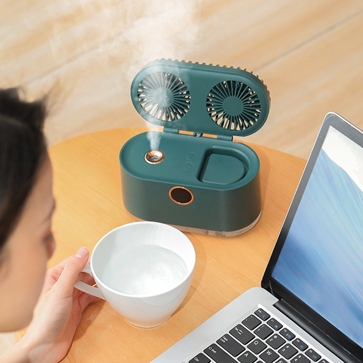 Neuer 2-in-1-luftbefeuchter Mit Zwei Ventilatorköpfen, Mini-nebelventilator, Usb-wiederaufladbarer Luftbefeuchter, Grün