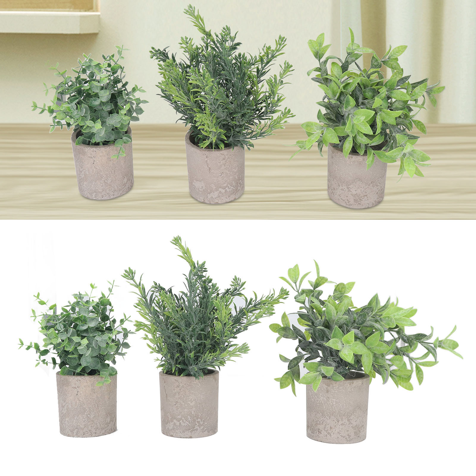 Set Aus 3 Künstlichen Eukalyptus-bonsai-bäumen Im Topf, Zur Dekoration Von Wohnung, Büro Und Schlafzimmer.