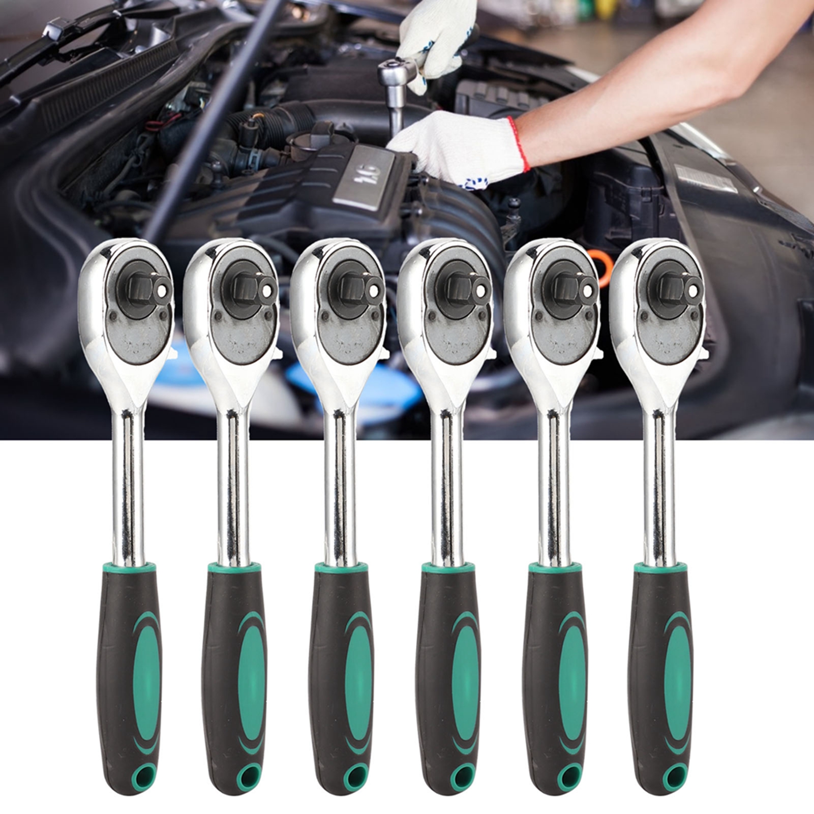 Set Aus 6 Doppelseitigen Schnellverschluss-ratschenschlüsseln Aus Chrom-vanadium-stahl, 1/2-zoll-ersatzstecknüsse, Kfz-reparaturwerkzeug, Grüner Runder Griff.