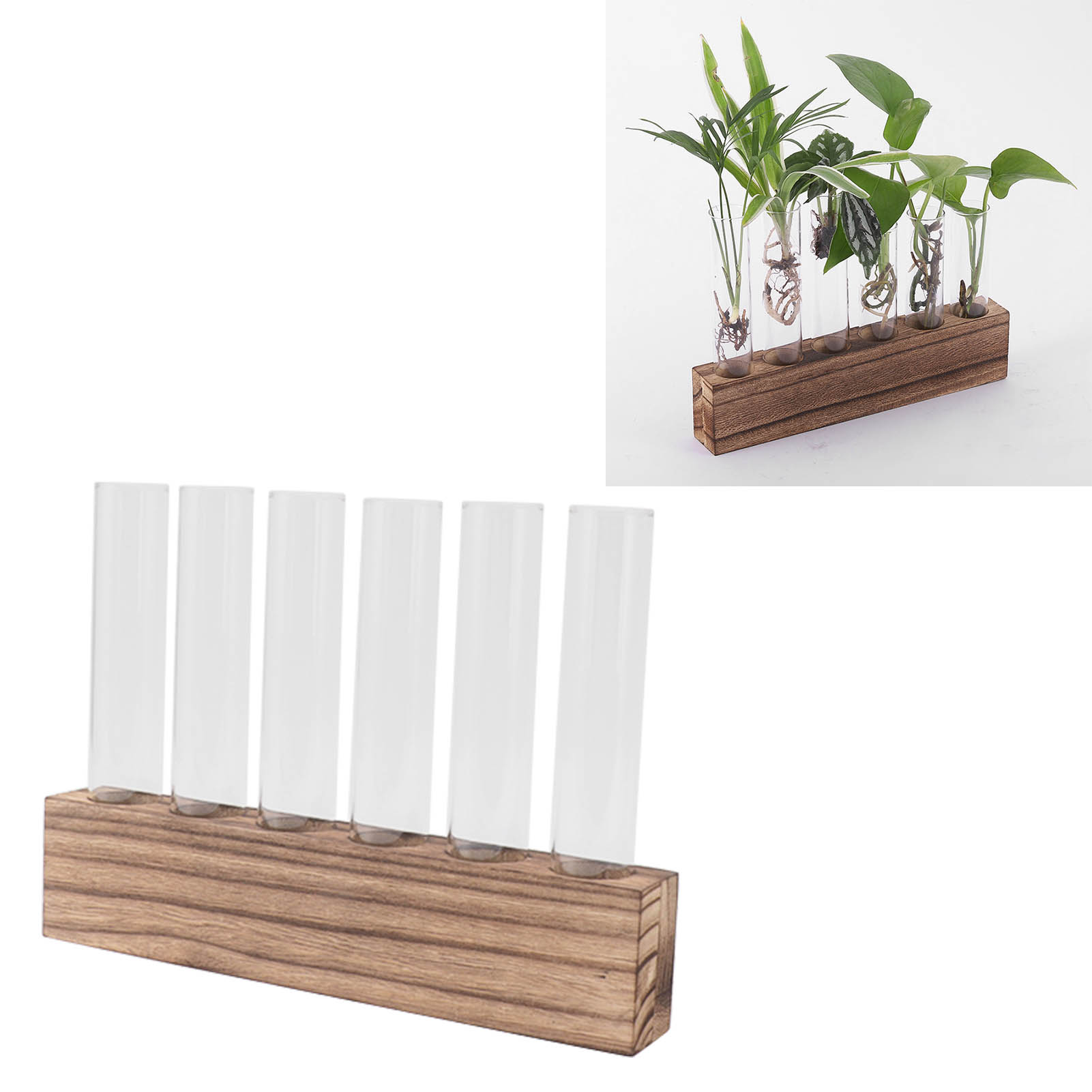 Hydroponische Glasvase, Ständer Aus Gebranntem Holz, Minimalistisches Und Frisches Design, Für Efeu (sechs Röhren). Dekoration Fürs Homeoffice.