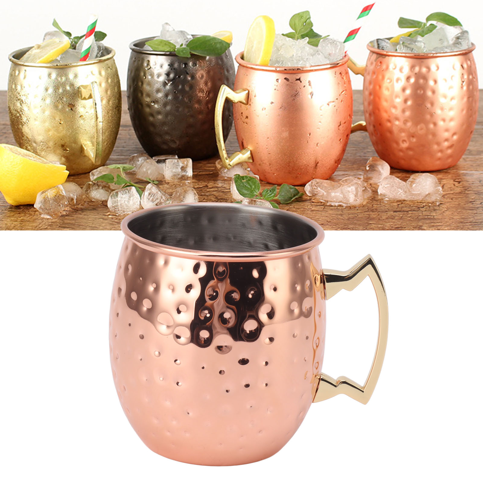 Moskauer Krug 600 Ml, Bierglas, Cocktailglas, Zylindrischer Krug, Gehämmert Roségoldene Oberfläche