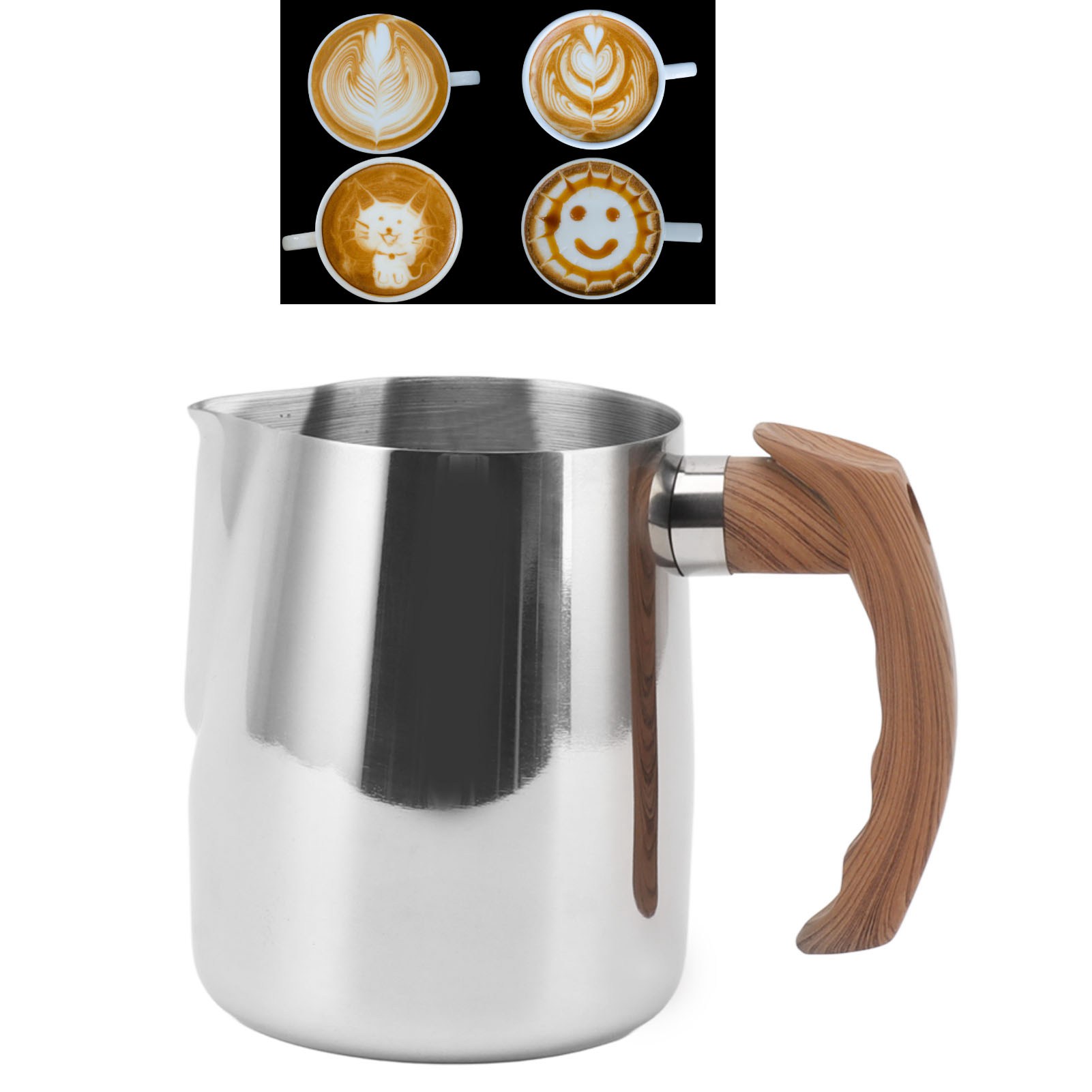 Latte-art-becher Mit Holzgriff Und Spitzem Ausguss, Latte-art-kanne Mit Integriertem Spender, Elegante Kaffeetasse, Milchaufschäumer, Naturfarbe, 600 Ml.