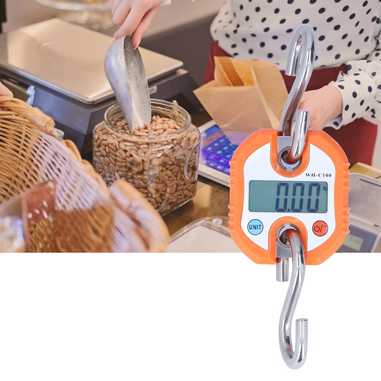 Elektronische Hakenwaage C100, 150 Kg Tragkraft, Tragbare Waage, Hängewaage, Orange Hintergrundbeleuchtung