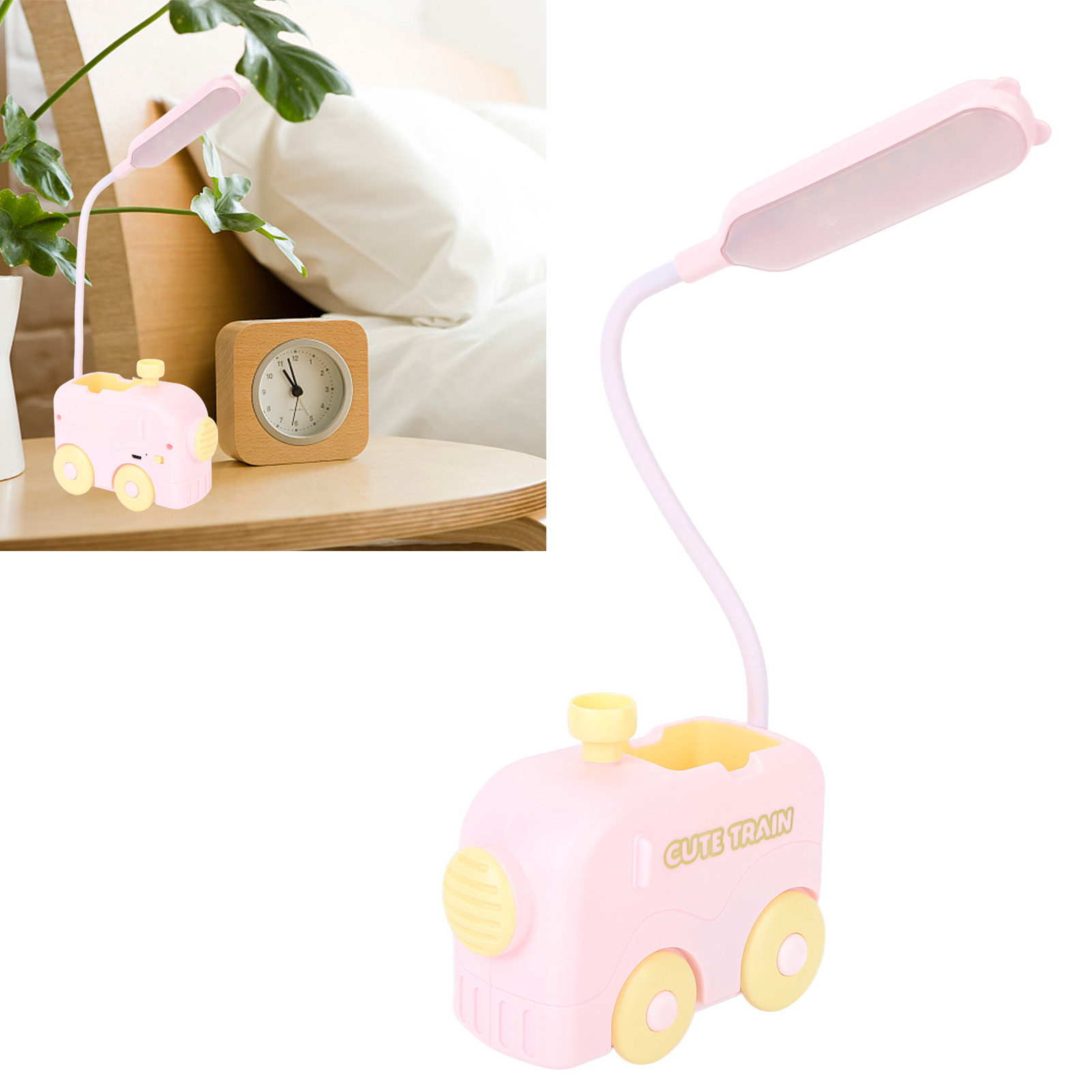 Kreative, Pinkfarbene Led-mini-nachttischlampe In Zugform, Augenschonend, Mit Stifthalter Und Usb-aufladung. Ideal Zum Lernen Oder Lesen.