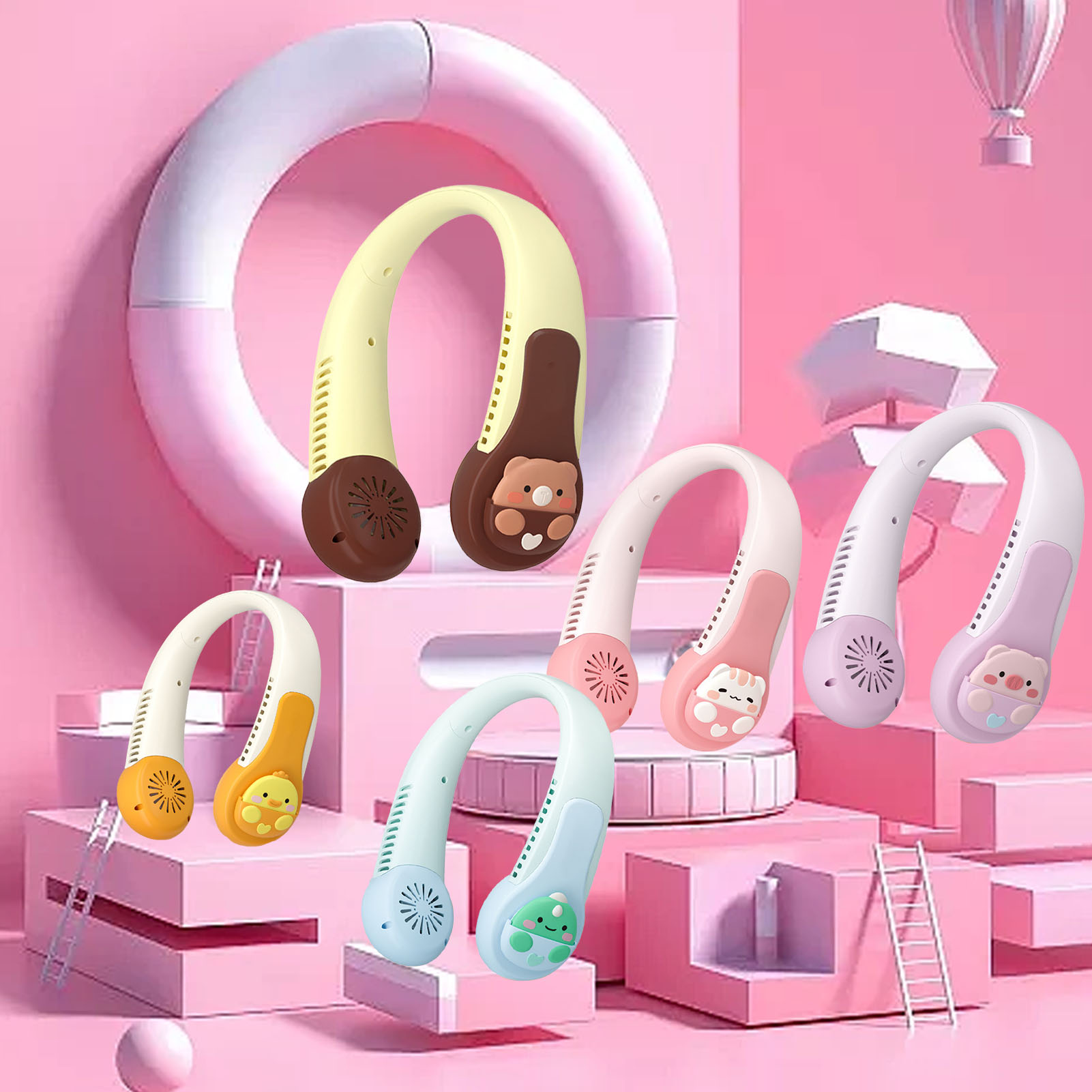 Neuer Tragbarer Turbinenventilator Für Kinder, Zum Umhängen, Usb-aufladbar Und Geräuschlos, Mit Niedlichem Bären-design.