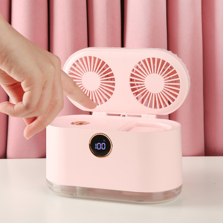 Neuer 2-in-1-luftbefeuchter Mit Ventilator, Doppelsprühkopf, Mini-ventilator, Usb-wiederaufladbarer Luftbefeuchter, Rosa