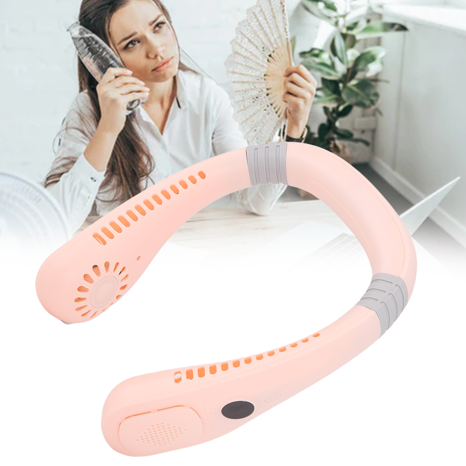 Nackenventilator, Erfrischend, Klingenlos, Digitalanzeige, Wiederaufladbar, Usb, Kirschblütenrosa.