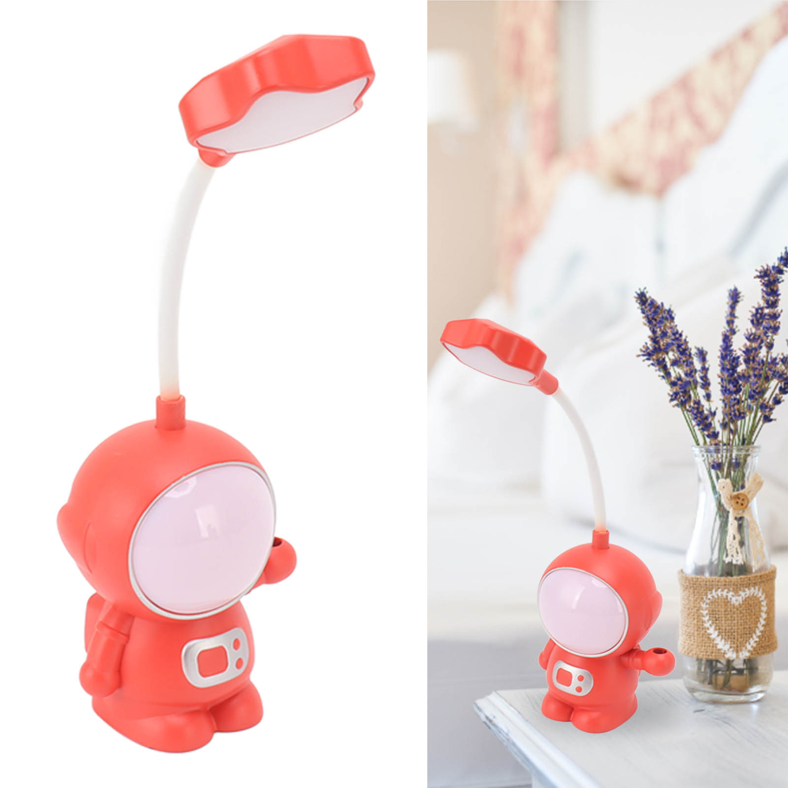 Creative Astronaut 3w Usb-wiederaufladbare Led-nachttischlampe Mit Integriertem Stifthalter, 5v Rotes + Siebenfarbiges Nachtlicht, Ideal Zum Lesen Und Lernen.