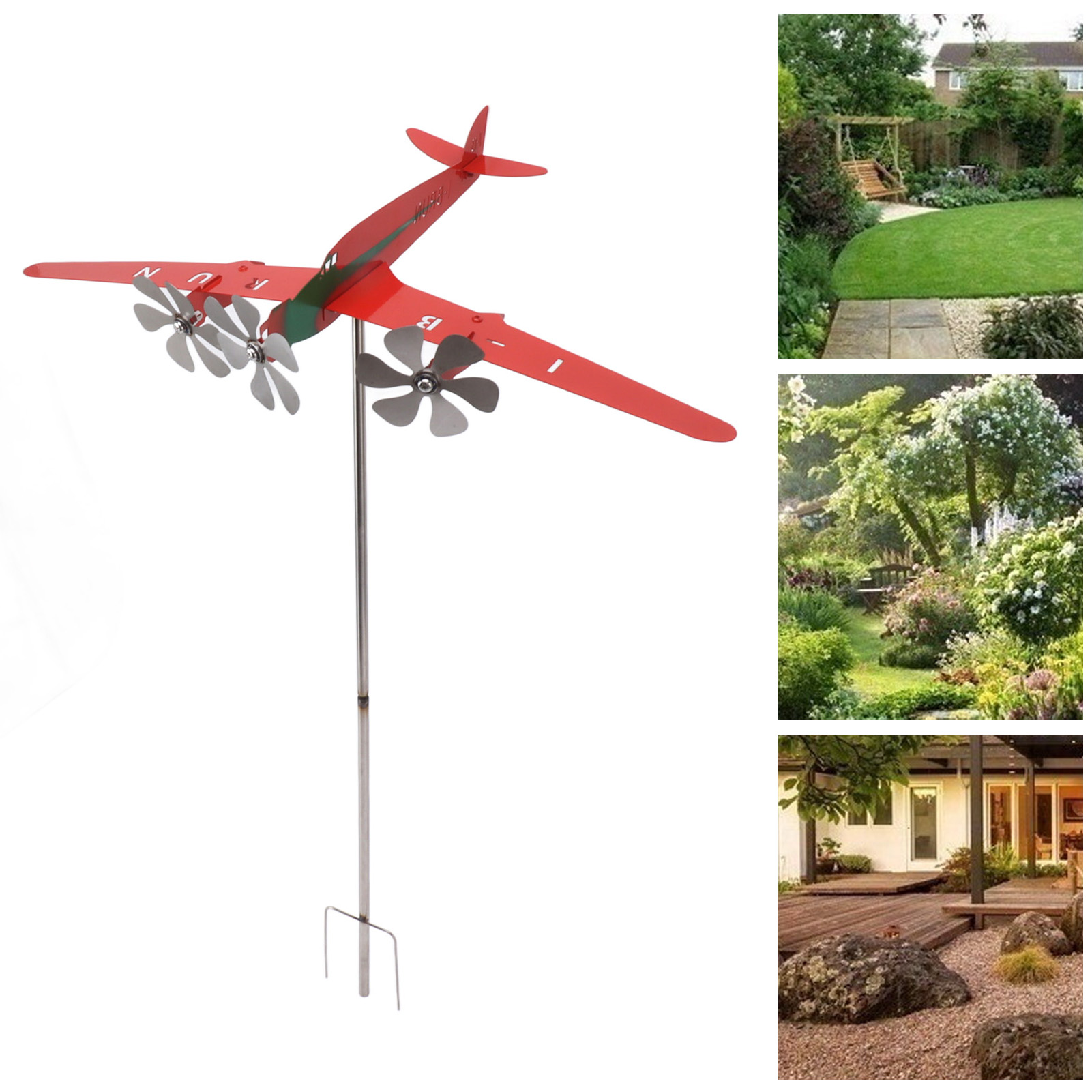 Dreidimensionale Wetterfahne Aus Metall, Windmühle Mit Drei Propellern, Für Hof, Garten, Terrasse, Rasen Oder Dach: Ideales Geschenk Für Luftfahrtbegeisterte. Rotes Flugzeug.