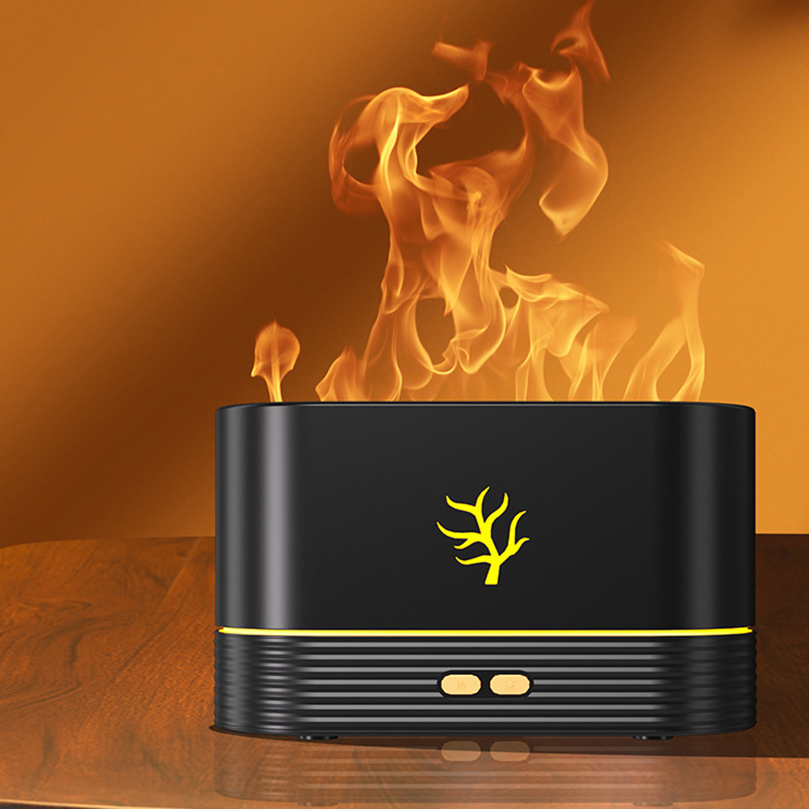 Kreativer Aromadiffusor Mit Simulierter Flamme, Kleiner Tischluftbefeuchter Mit Siebenfarbiger Flamme (schwarz)