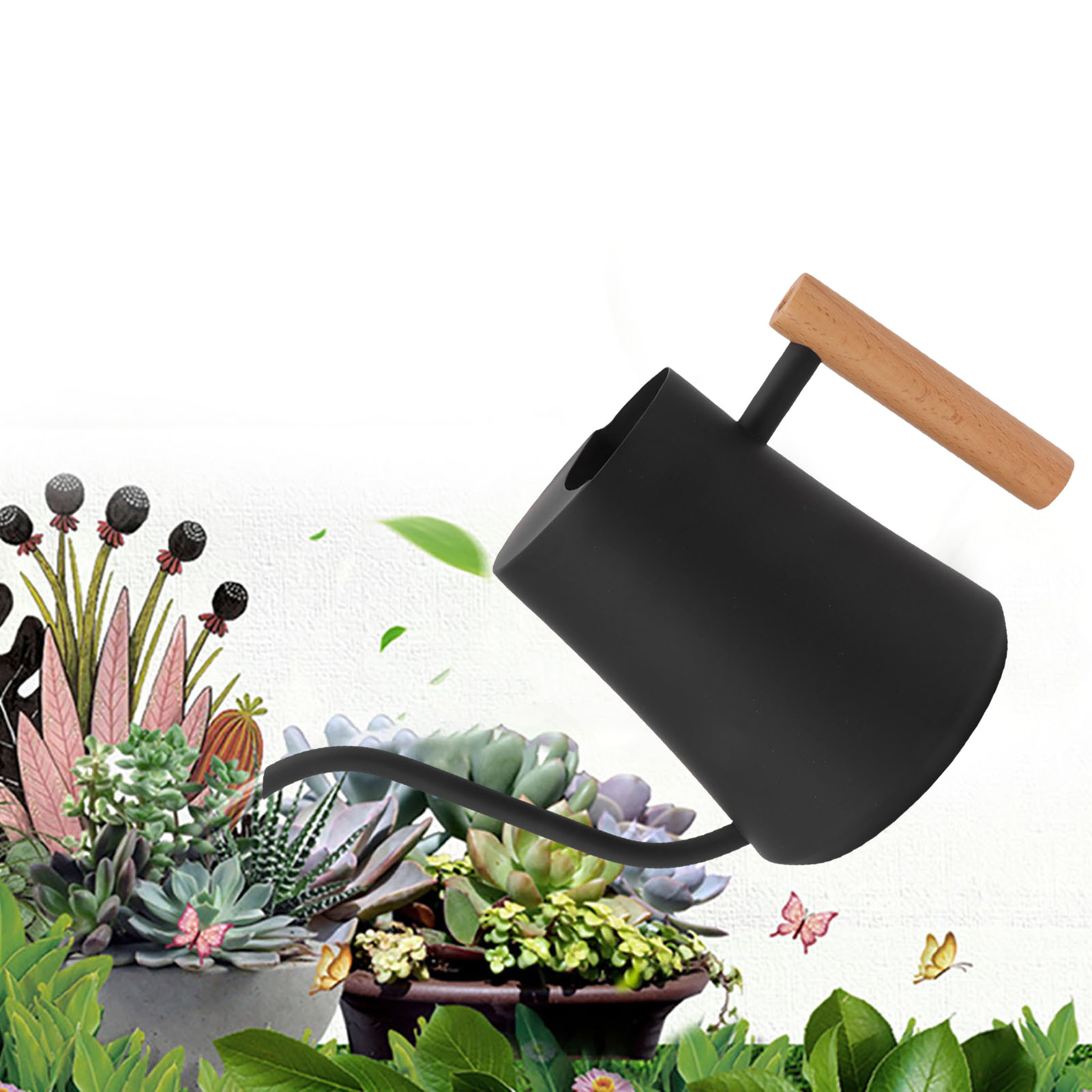 Gießkanne Aus Edelstahl, Kleines Retro-modell Mit Schlankem Profil, Holzgriff, Langem Ausguss, 1000 Ml, Schwarz