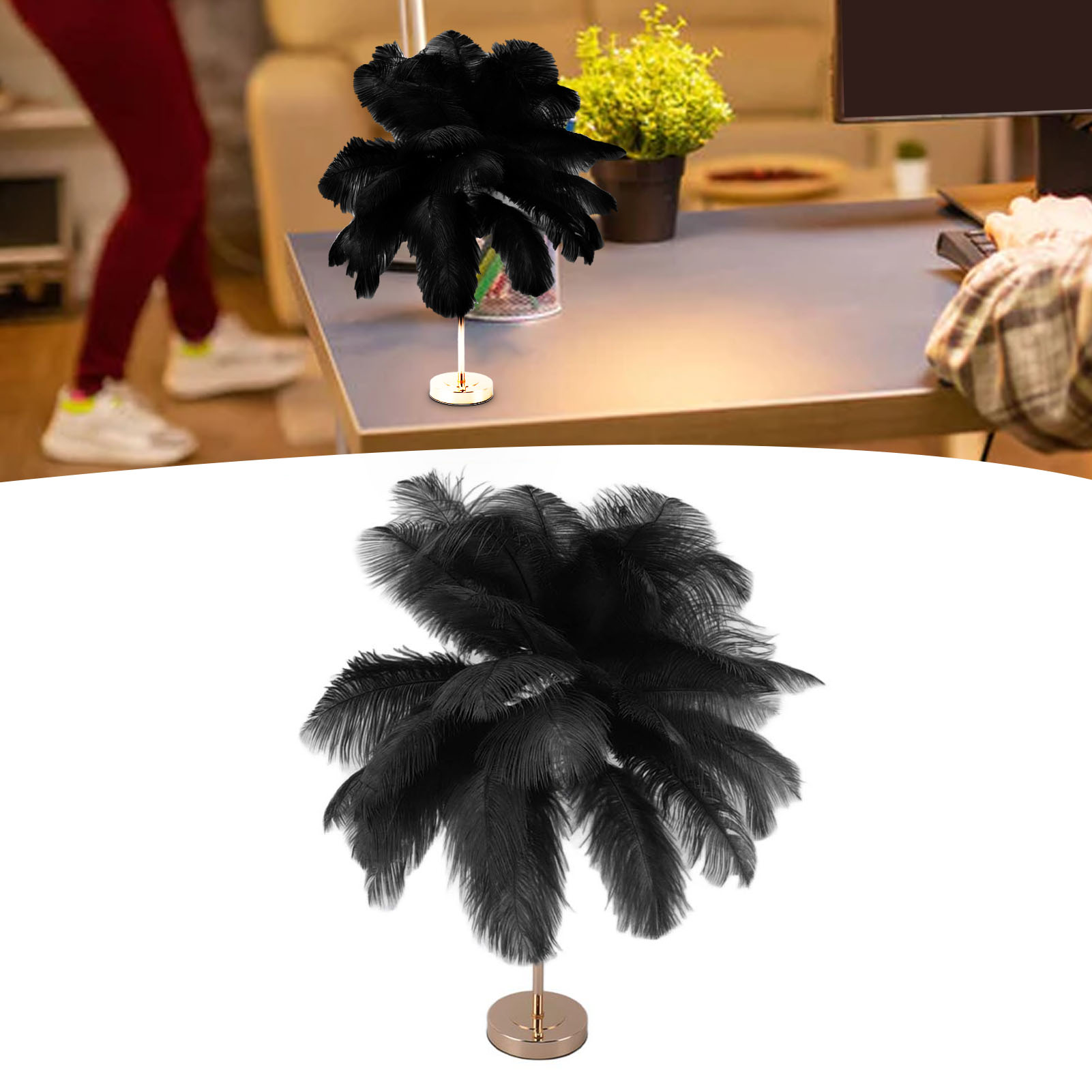Straußenfeder-tischleuchte (30 Stück), Modernes Und Kreatives Design, Wiederaufladbar, Romantisch, Ideal Für Die Inneneinrichtung. Nordische Nachttischlampe, Schwarz.