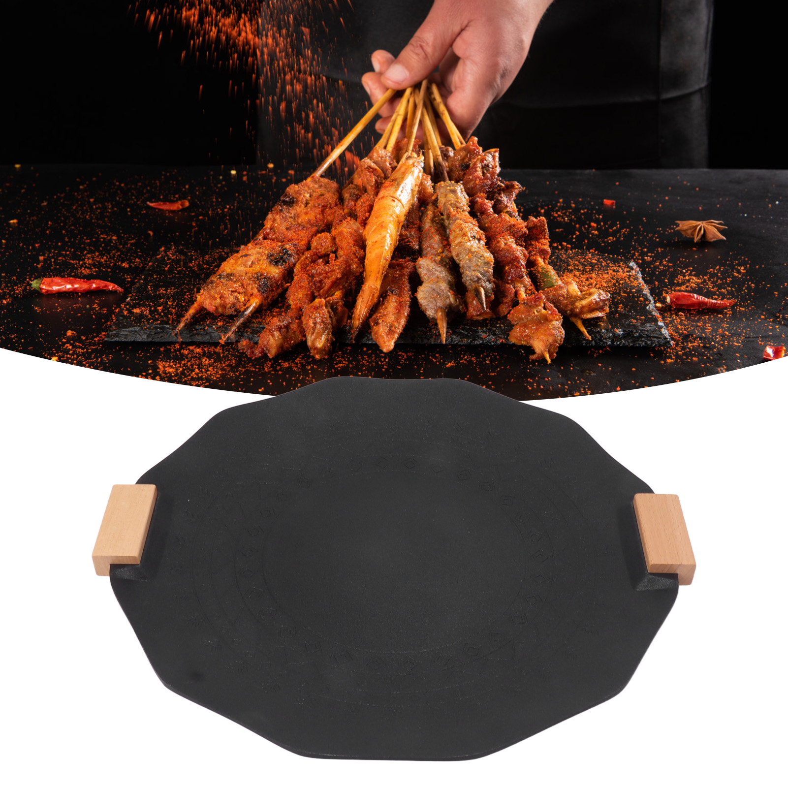 Tragbare, Antihaftbeschichtete Und Rauchfreie Grillpfanne Für Grillabende, Für Den Hausgebrauch, Schwarzer Geometrischer Rand, 35 Cm