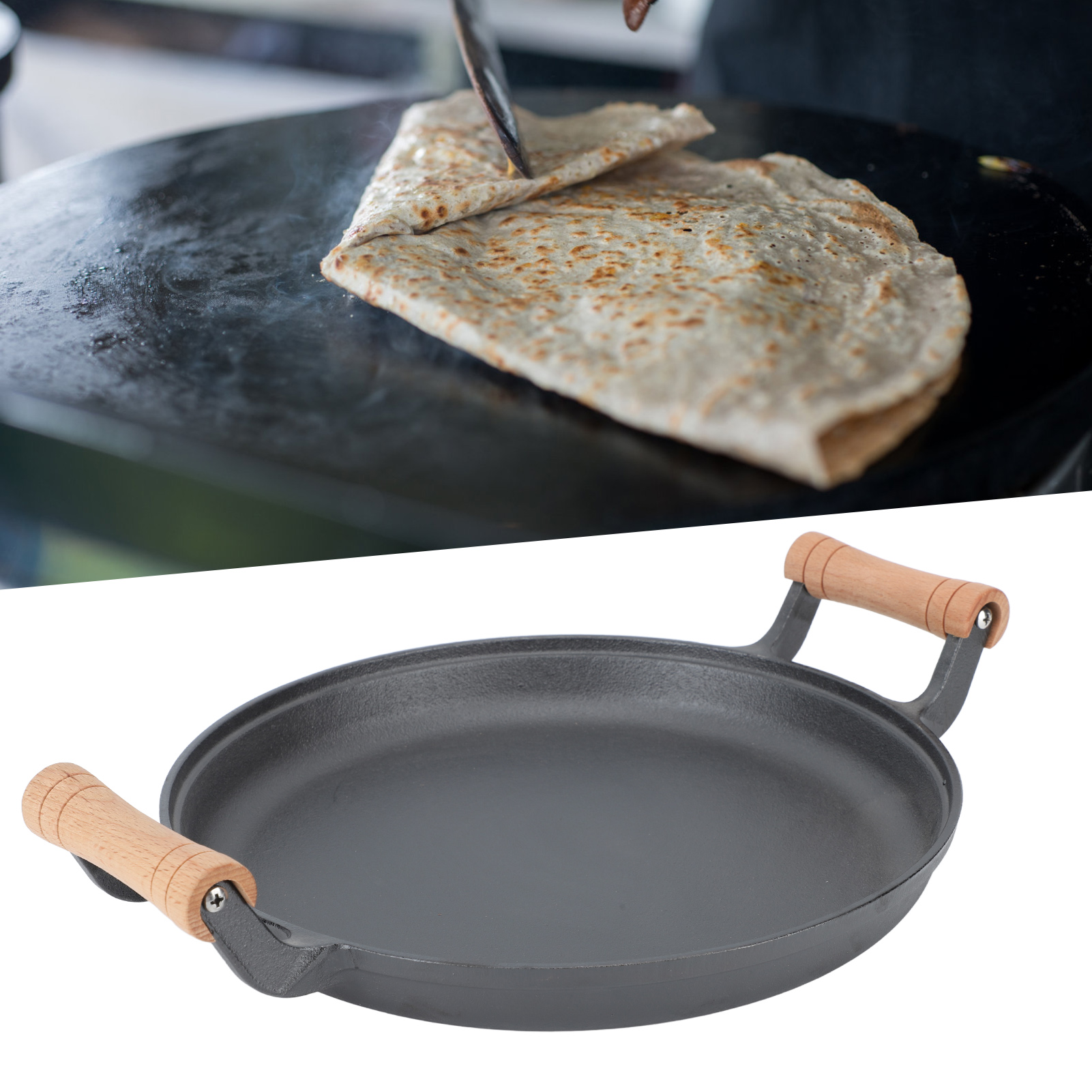 Hausgemachte Gusseiserne Bratpfanne Mit Flachem Boden Und Holzgriff, Dicke Kochplatte, Zur Zubereitung Von Pfannkuchen Und Frühlingszwiebelpfannkuchen, Flache 33 Cm Kochplatte Mit Doppeltem Holzgriff.
