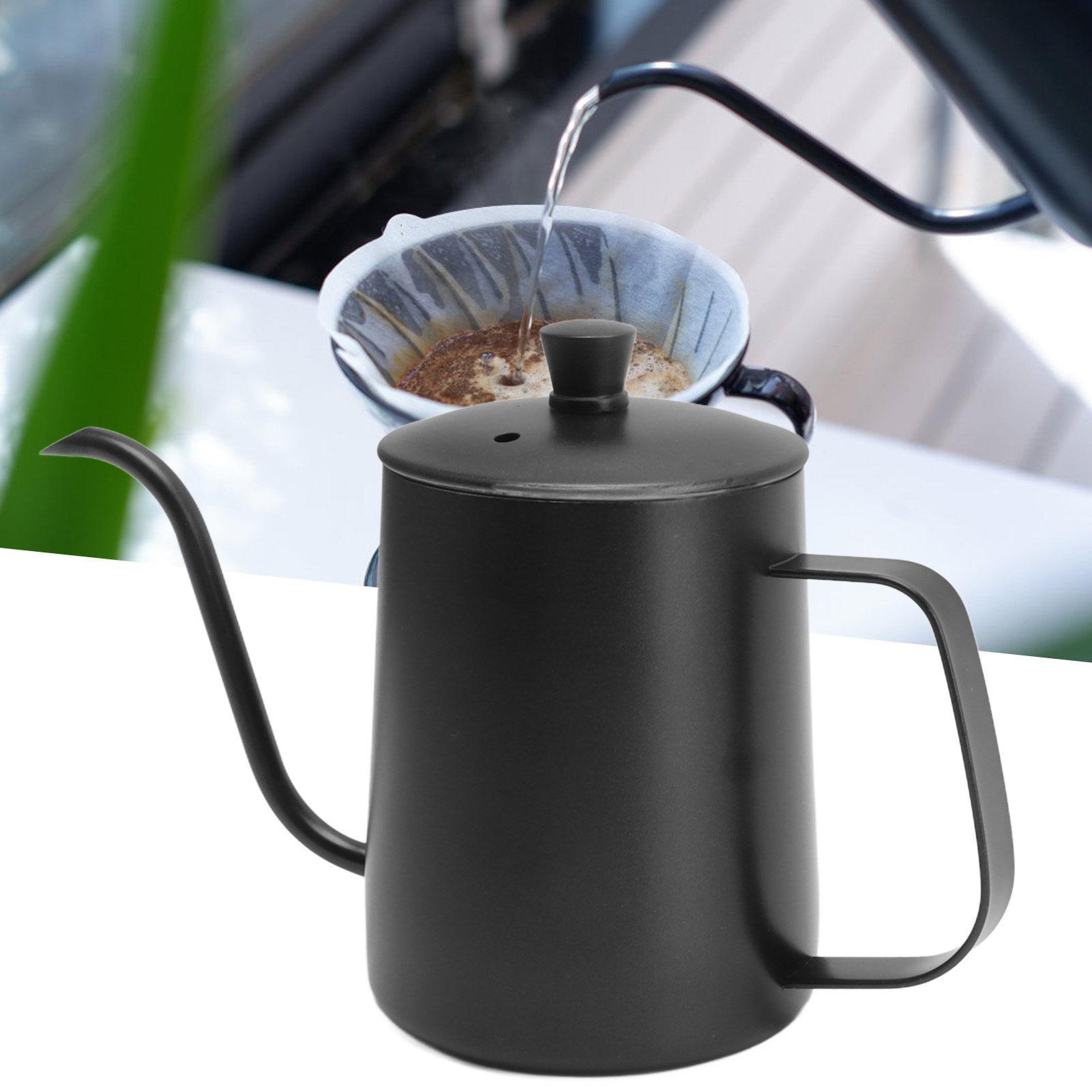 Filterkessel Aus Edelstahl 304, Schmaler Ausguss, Filterkaffeebecher Für Den Hausgebrauch, 600 Ml, Schwarz Mit Deckel