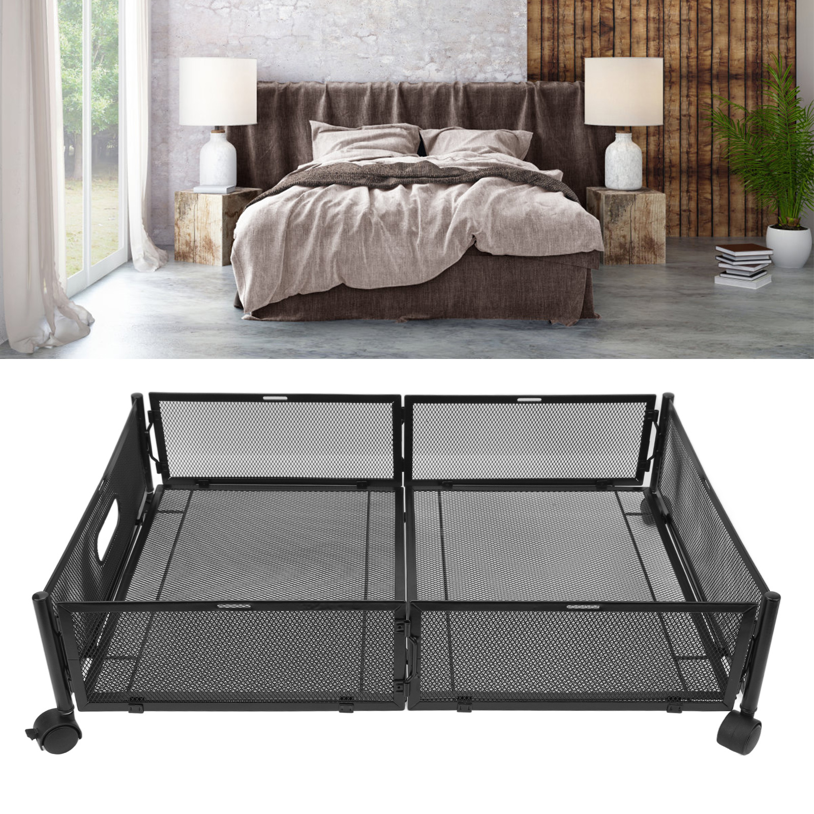 Verschiebbarer Kleiderständer Aus Drahtgeflecht Zur Platzierung Unter Dem Bett, Abnehmbar Zur Platzersparnis, Eisenregal Mit Rollen, 60 X 40,5 X 16 Cm, Schwarz.