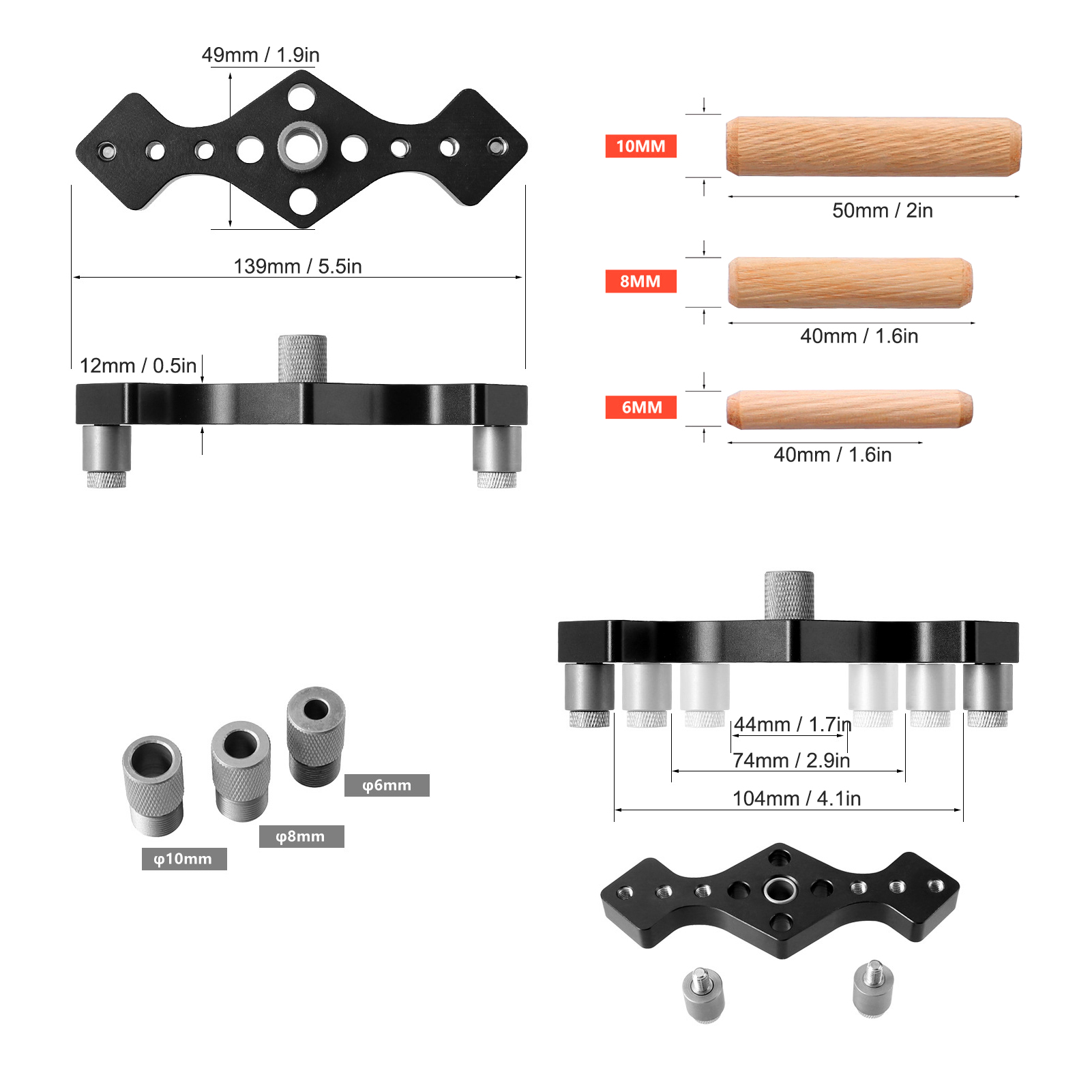 Gerade Bohrschablone Für Die Holzbearbeitung, Schwarze Aluminiumlegierung + Set Mit 7 Bohrern + 60 Mm Holzdübel.