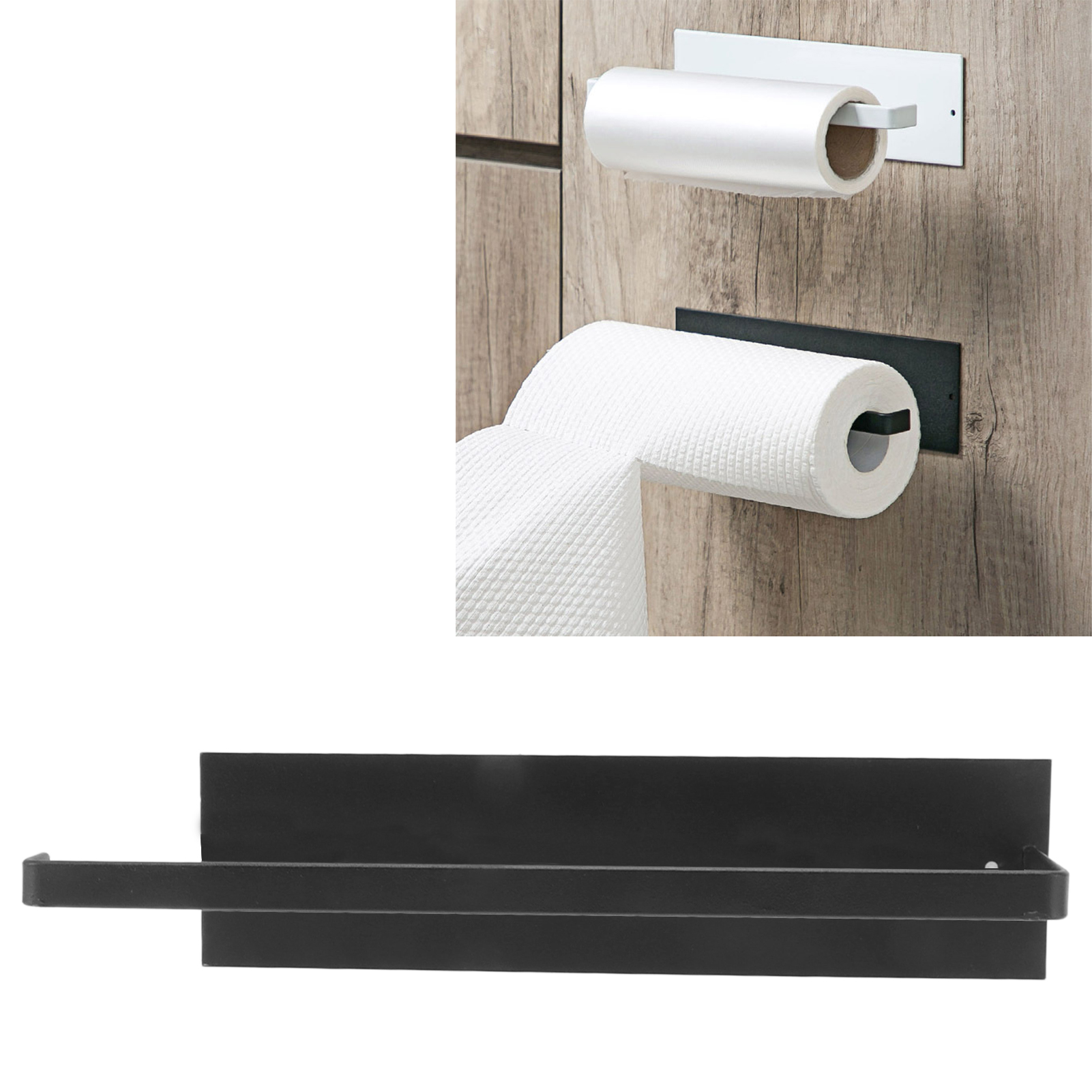 T-förmiger Toilettenpapierhalter Ohne Bohren, Papierhandtuchhalter, Frischhaltefolien-aufbewahrungsregal, Selbstklebendes Wandregal, Schwarz.