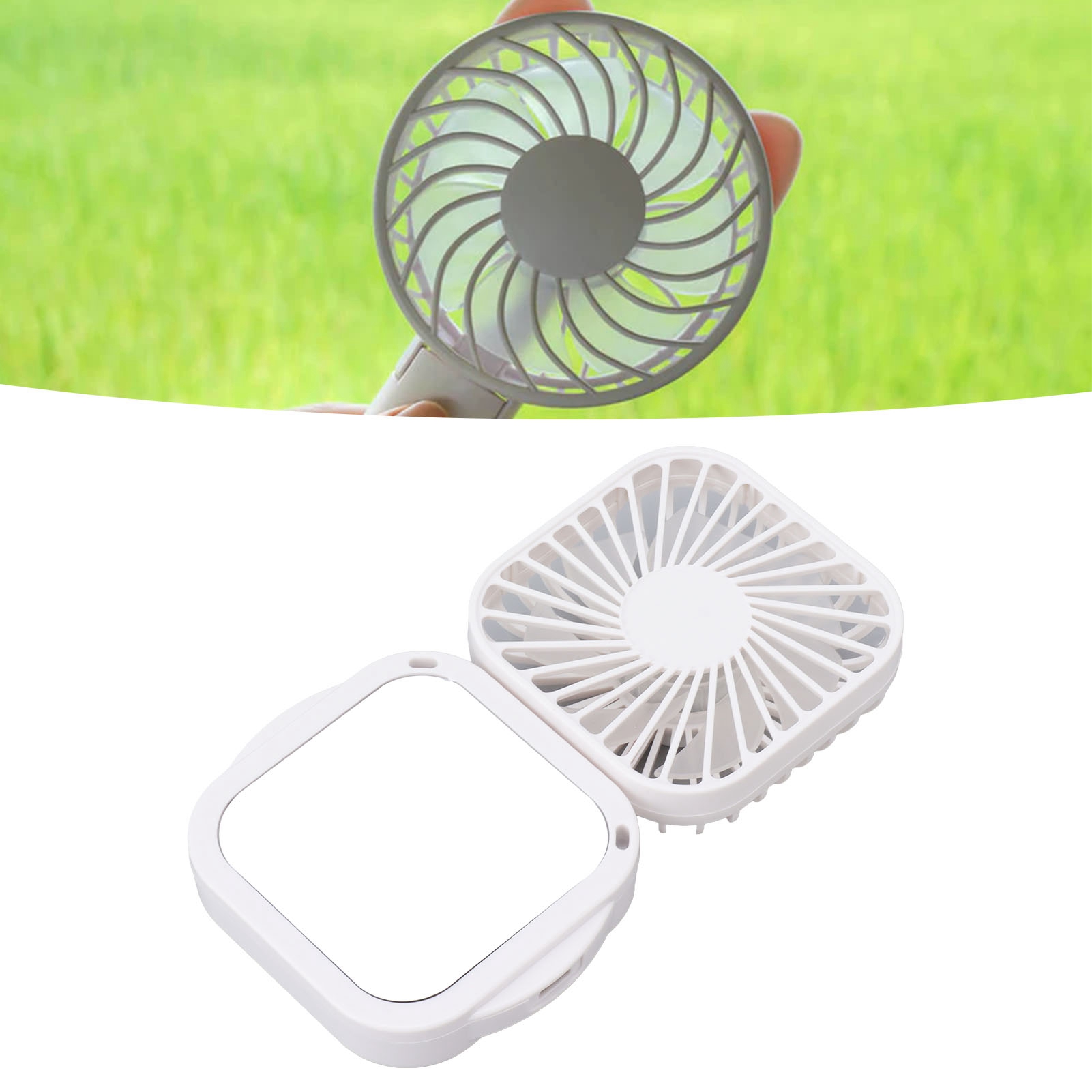 Tragbarer, Faltbarer Nackenventilator, Usb-ladeanschluss, Praktisch Für Den Bürogebrauch, Quadratische Form Mit Spiegel, Weiß.