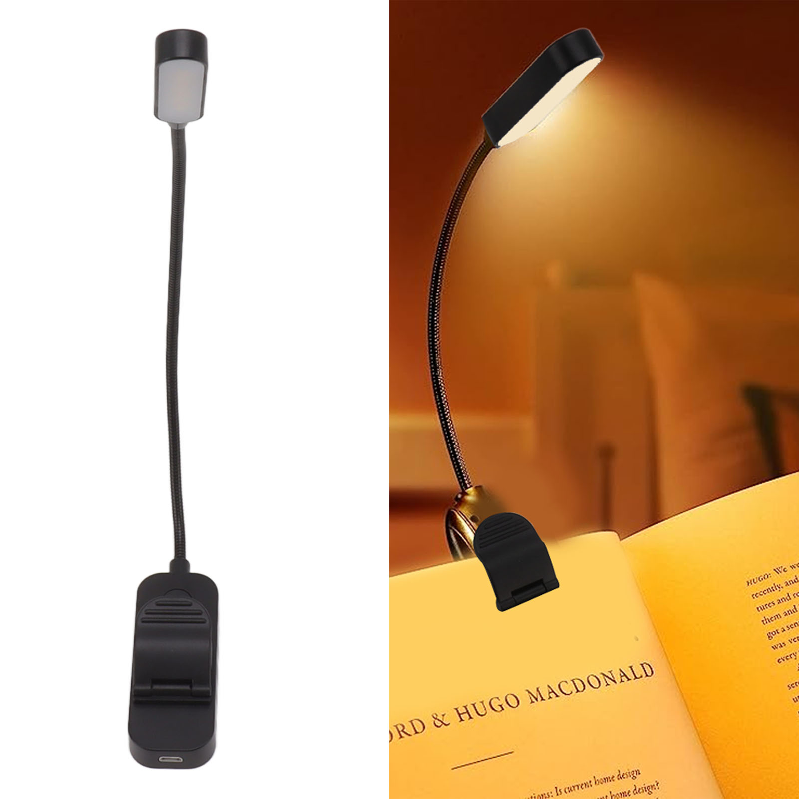 Leselampe Mit 3 Farbtemperaturen, Stufenlos Einstellbarer Helligkeit, Rundem, Flexiblem Schlauch, Usb-wiederaufladbarer Klemmlampe