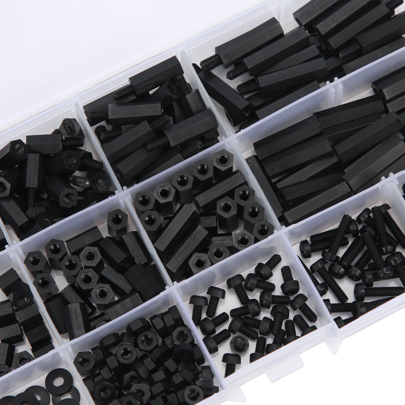 Set Mit 320 Schwarzen Nylon-sechskantschrauben M3, Verpackt In Einer Schachtel.