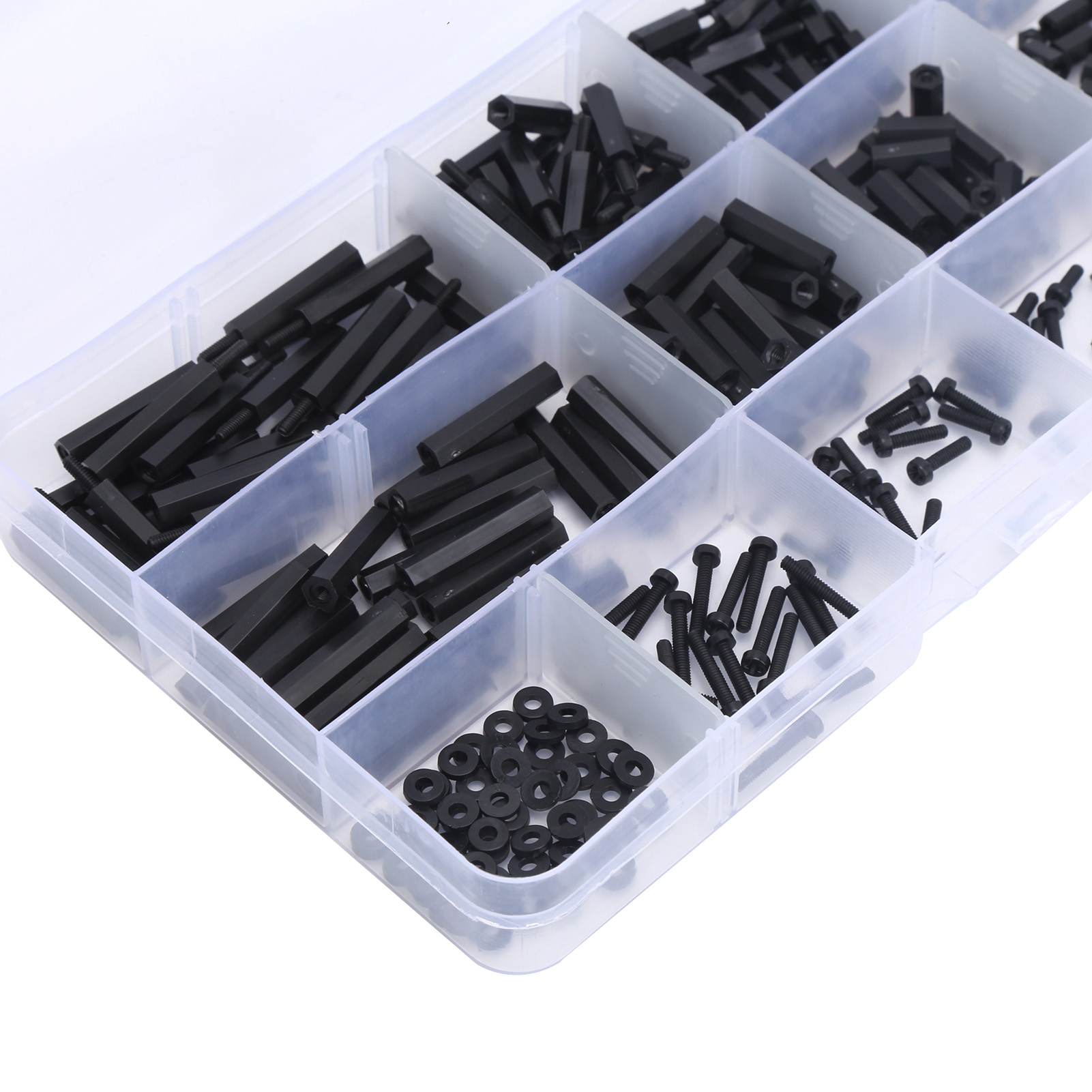 Set Mit 320 Schwarzen Nylon-sechskantschrauben M2, Verpackt In Einer Schachtel.