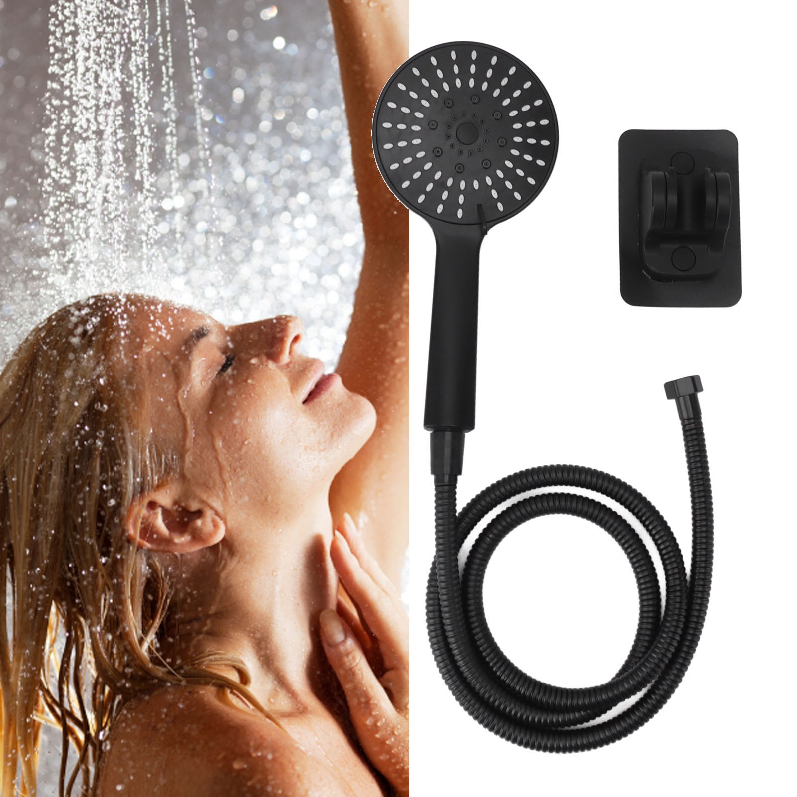 Dreiteiliges Schwarzes Duschset A008, Bestehend Aus Einem Breiten Duschkopf, Einem Duschkopf Mit Fünf Druckstufen, Einem Warmwasserbereiter, Einer Handbrause Und Einer Regendusche.