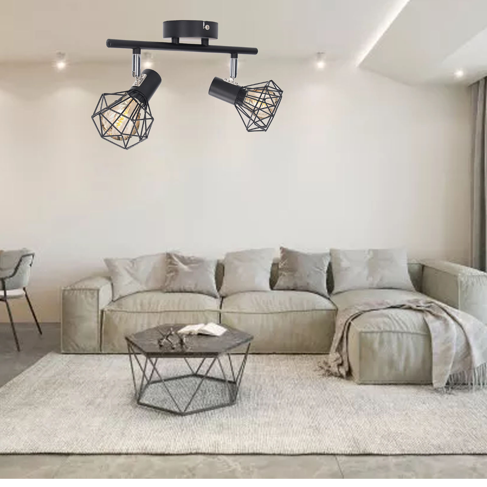 Zweiflammiger Schienenstrahler, Retro-schienenstrahler Aus Schmiedeeisen Mit Metallkäfig, E14-fassung, Individuelle Und Kreative Deckenleuchte Für Esszimmer, Wohnzimmer, Schlafzimmer Und Bar.