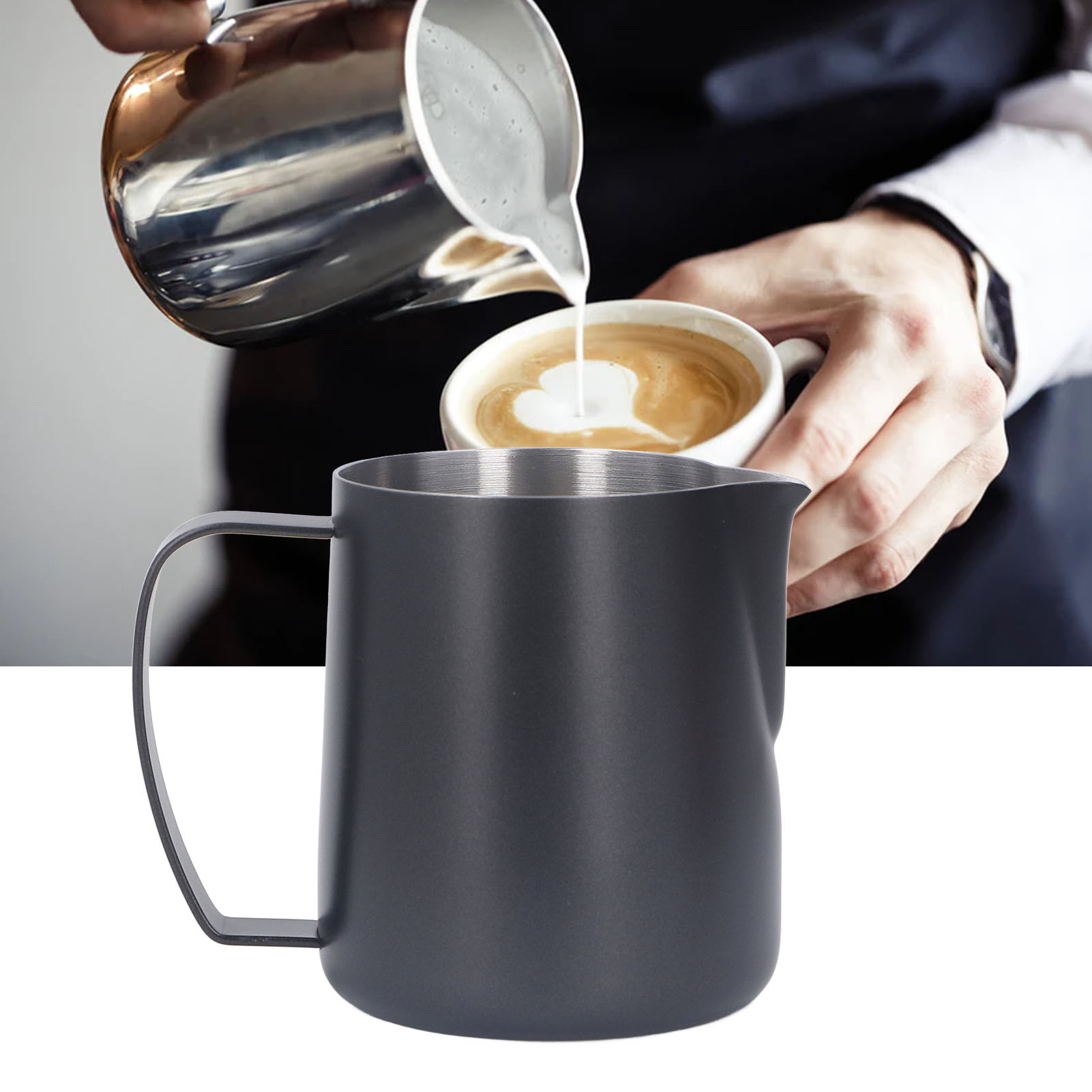 Dickwandiger Latte-art-becher Aus Edelstahl 304 Mit Geprägtem Ausguss, 450 Ml, Schwarz