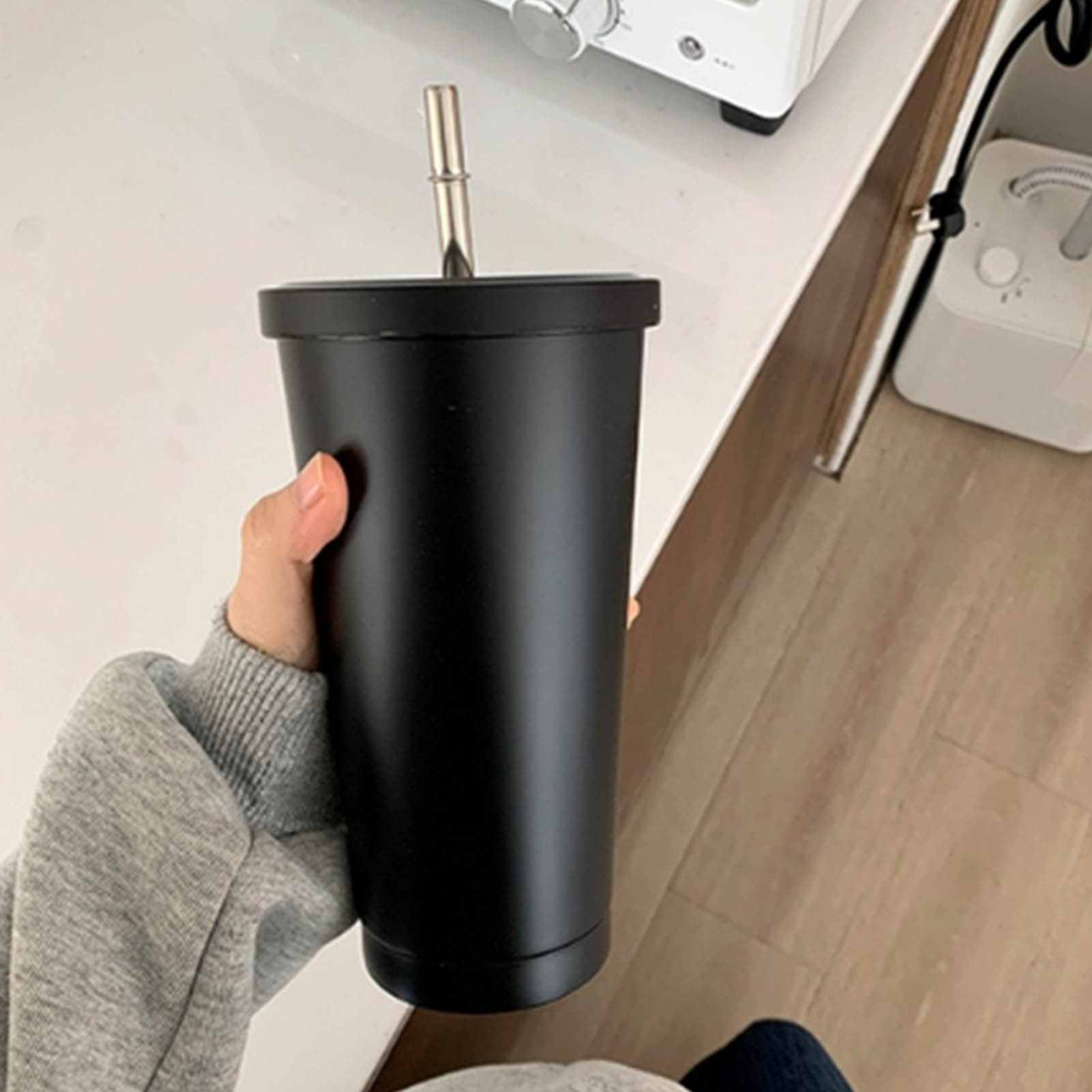 Neuer Edelstahl-kaffeebecher Mit Strohhalm, Isolierter Becher Mit Großem Fassungsvermögen, Milchteebecher, Isolierter Autobecher (heiß/kalt), Schwarz.