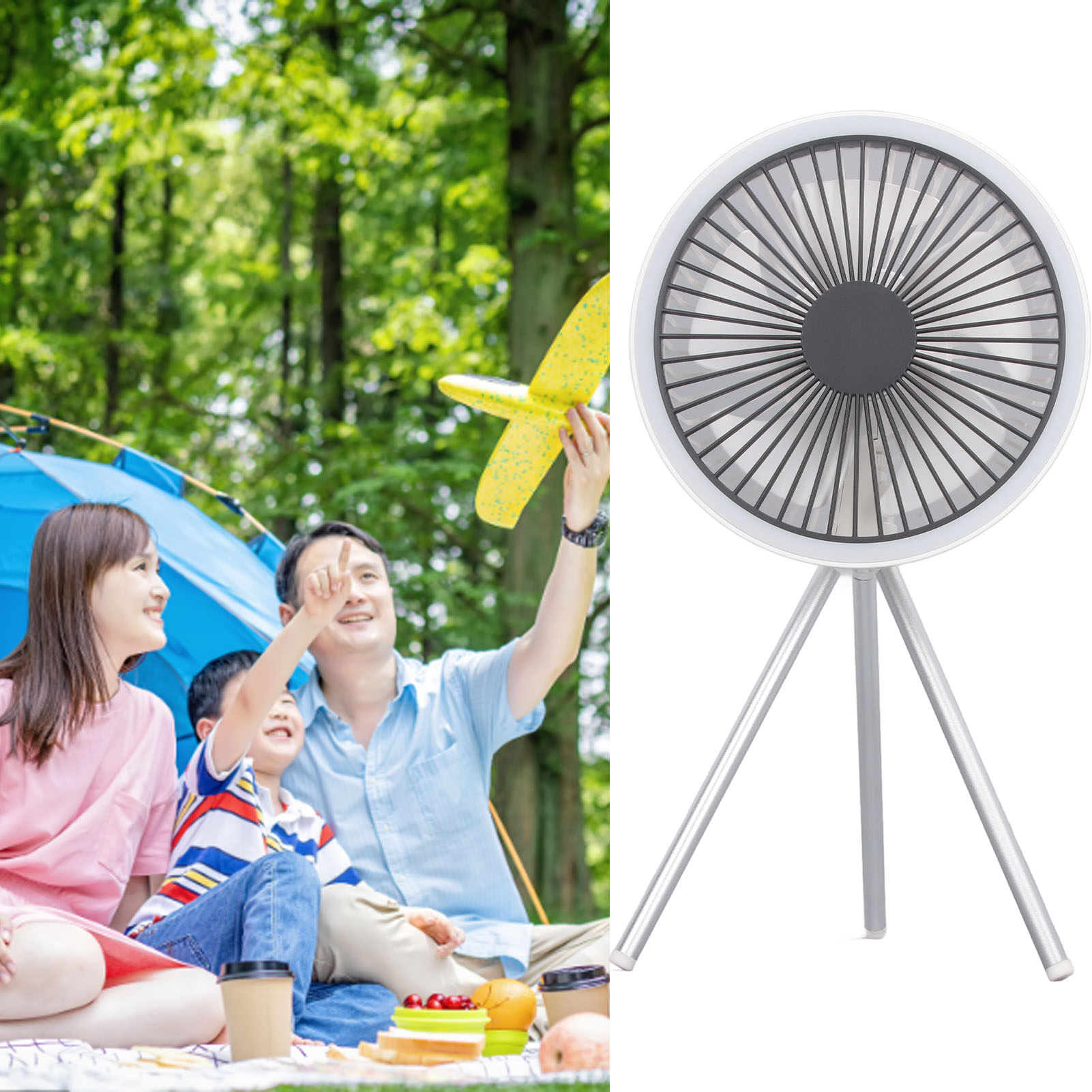 Kabelloser Stativventilator Für Camping, Kann Am Zelt Aufgehängt Werden, Tragbarer Ventilator Mit Usb-anschluss, Kleine Schreibtischlampe, Timer Mit Drei Geschwindigkeitsstufen, Weiß.