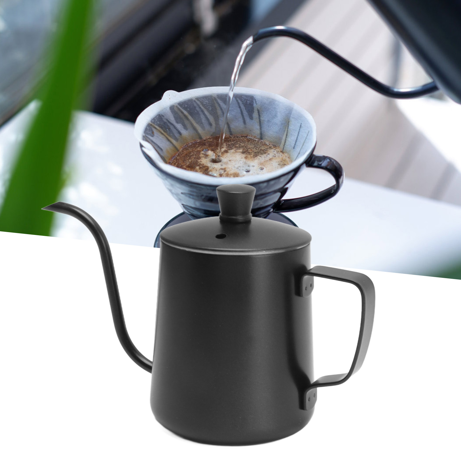 Filterkessel Aus Edelstahl 304, Schmaler Ausguss, Filterkaffeebecher Für Den Hausgebrauch, 350 Ml, Schwarz Mit Deckel