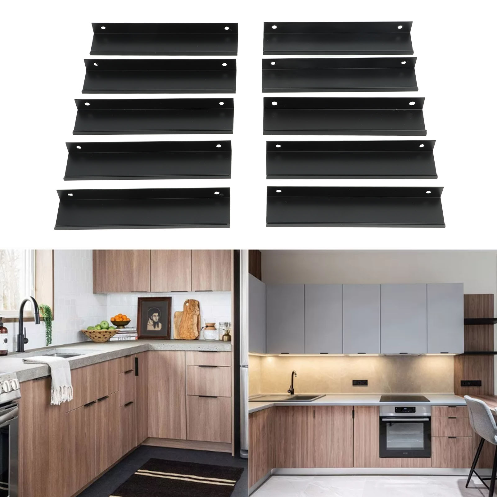 Set Mit 10 Unsichtbaren Griffen Im Minimalistischen Amerikanischen Stil, Schwarzes Aluminiumprofil, Typ G, Für Möbel, Schränke Und Schubladen. Versiegelte Kanten.