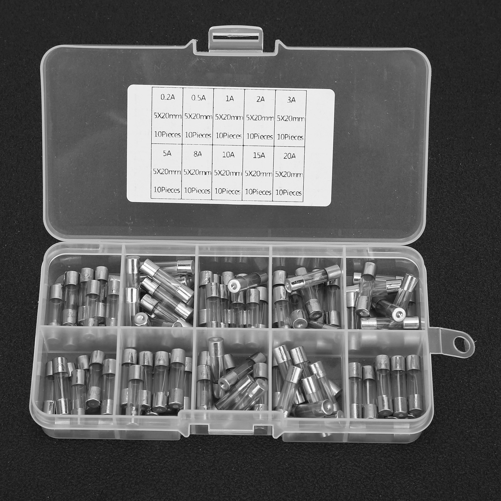 Packung Mit 100 Glassicherungen, 5 X 20 Mm, 10 Nennströme: 0,2 A, 0,5 A, 1 A, 2 A, 3 A, 5 A, 8 A, 10 A, 15 A Und 20 A