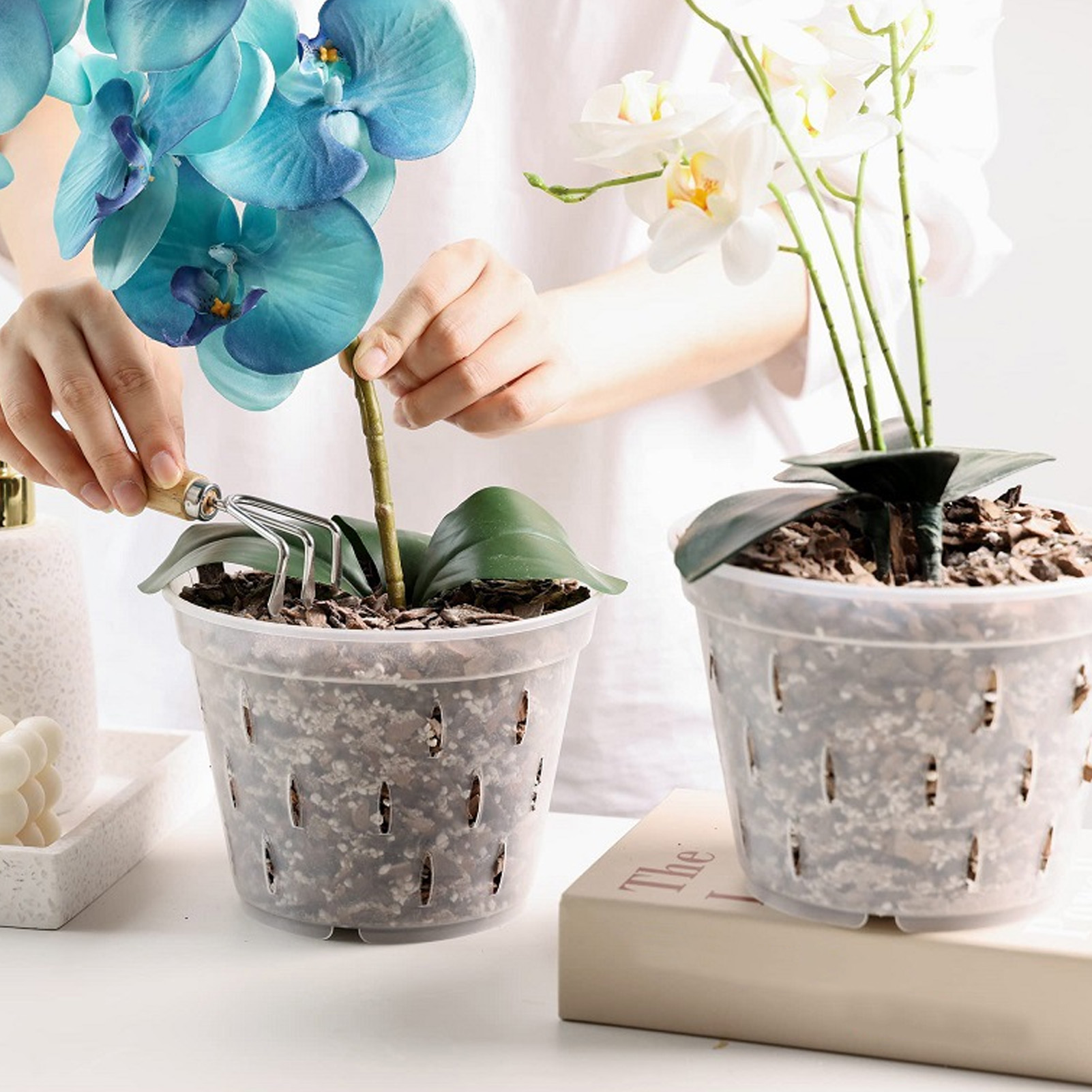 5 Sets Orchideentöpfe Aus Kunststoff Zu Verkaufen, Transparente Pflanztöpfe Für Orchideen, Töpfe Mit Wurzelkontrollnetz, Löchern Und Untersetzern.