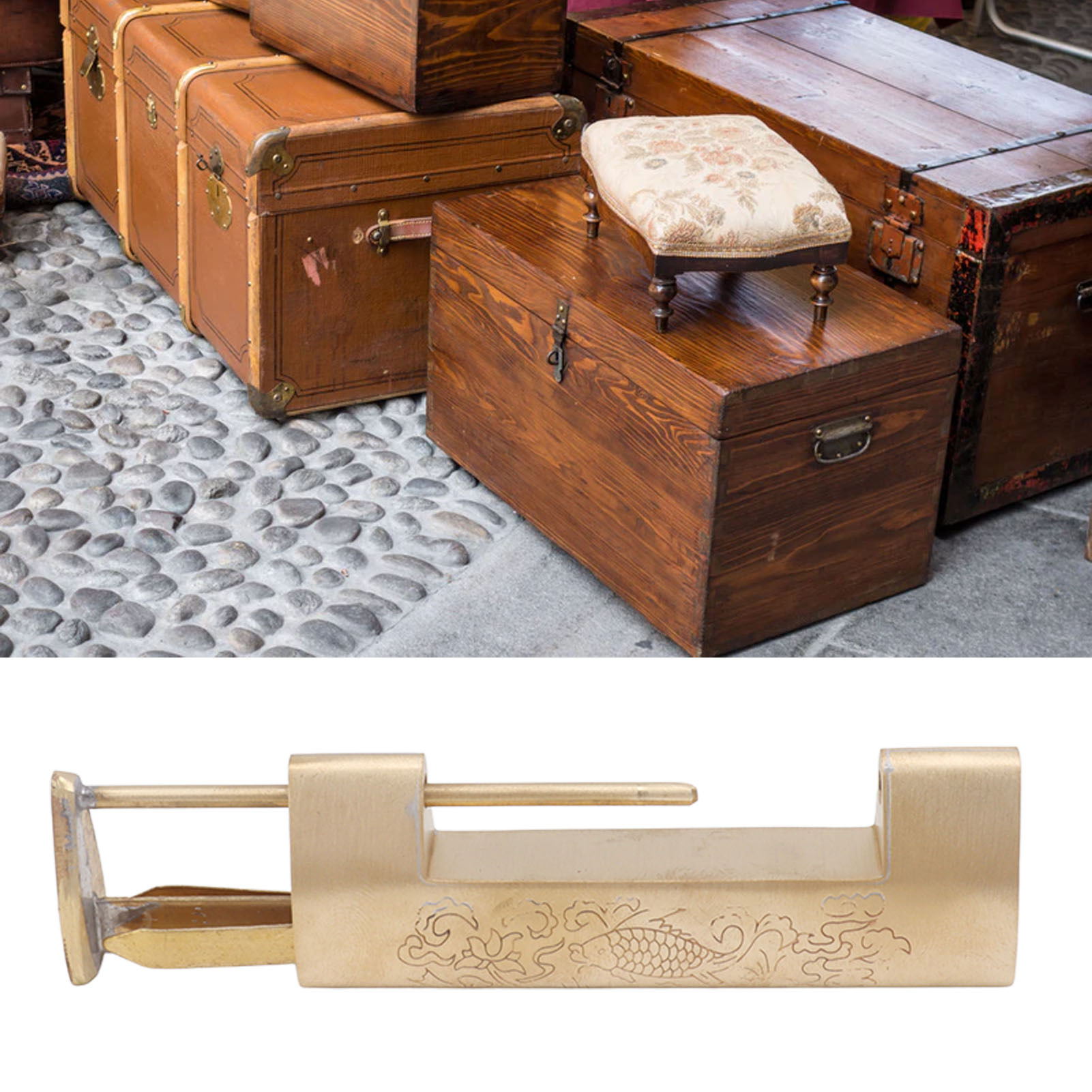 Vorhängeschloss Im Antik-stil Mit Einer Öffnung Von 5,9 Cm, Verziert Mit Einem Glücksfischmotiv, Einem Chinesischen Schlüssellochkopf, Einem Kleinen Messingschloss Im Antik-stil Und Einer Horizontalen