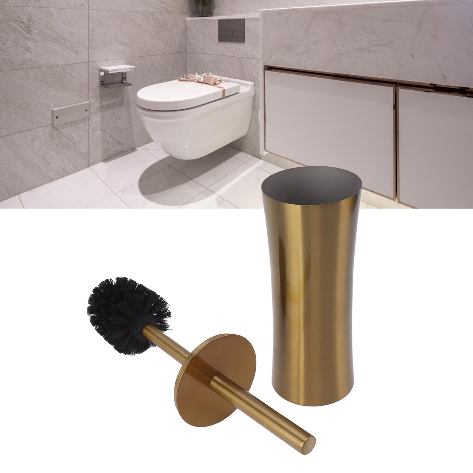 Wc-reinigungsbürsten-set, Edelstahl-bodenbürstenhalter, Ausgestellte Form, Goldfarbenes Design.