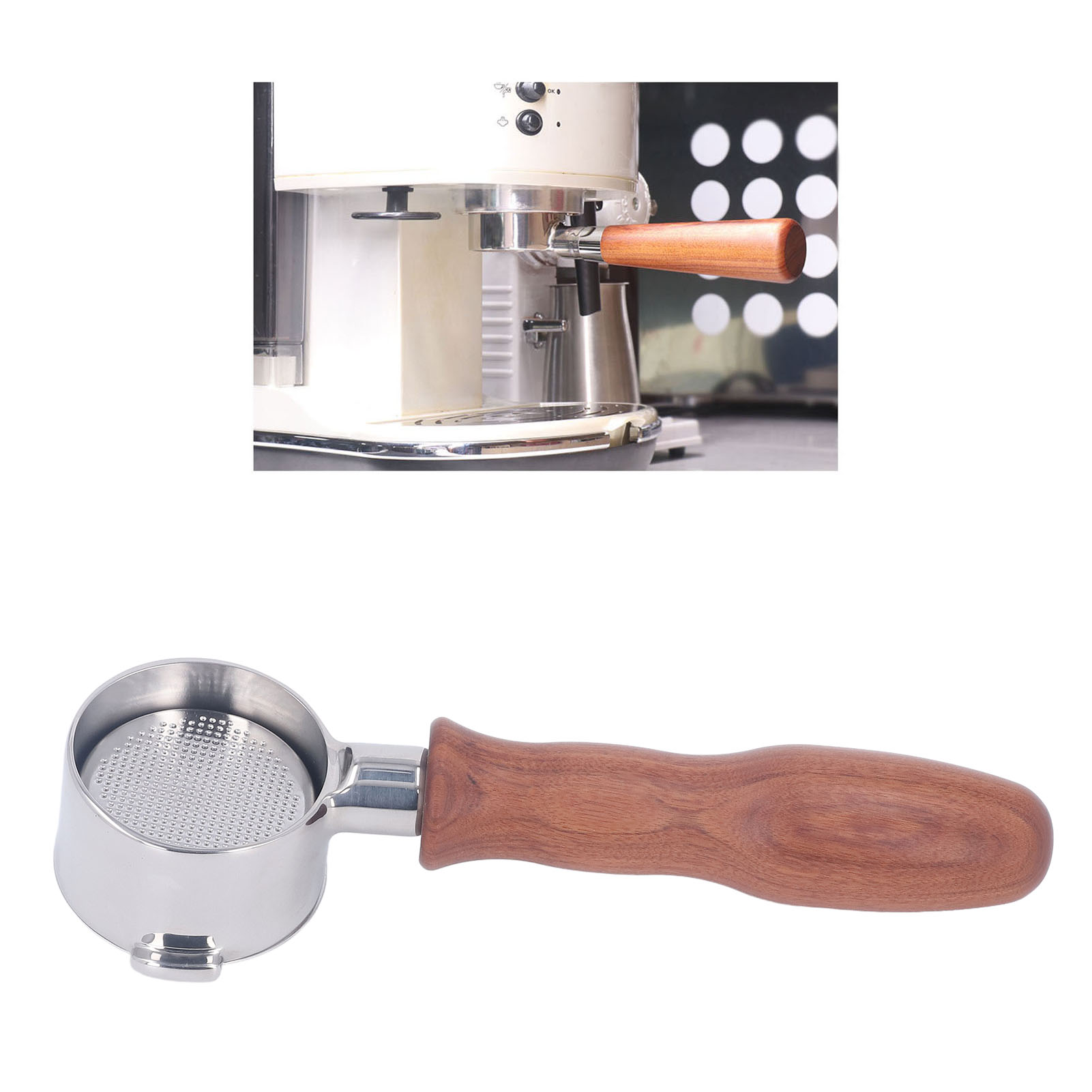 De'longhi Eco310 Kaffeemaschinengriff Mit Zwei Griffen, Bodenlos, Edelstahl, Typ D, Mit Rosenholzgriff.