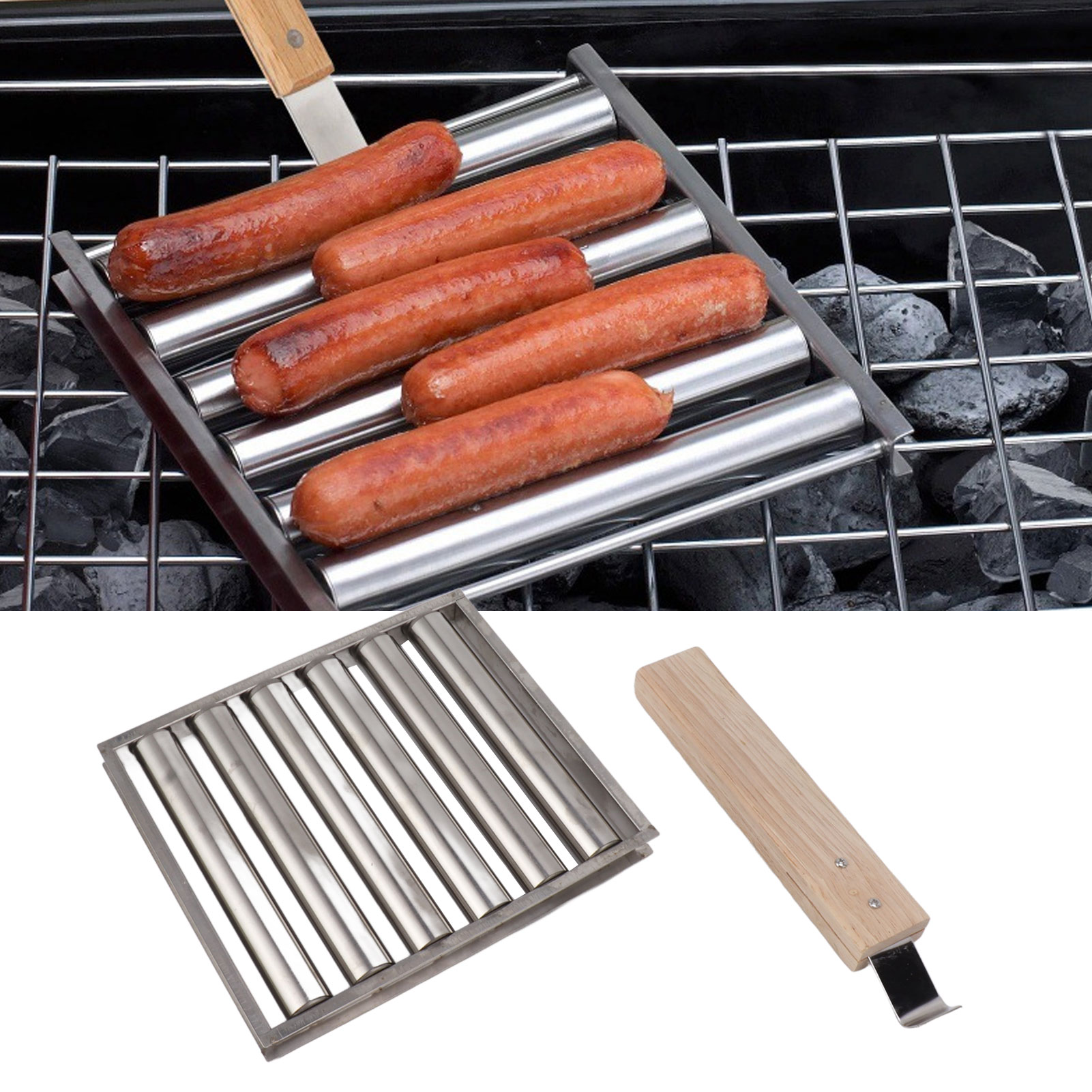 Grillrost Aus Edelstahl Für Hotdogs Und Würstchen Mit Langem Holzgriff, Hotdog-grillständer Für Den Küchengrill