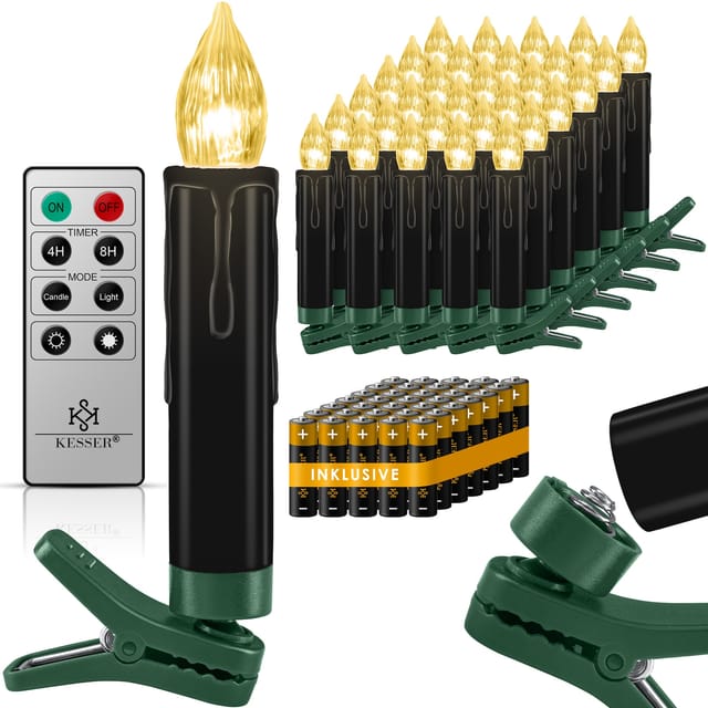 Weihnachtsbaumkerzen 20 led Inkl. Batterien Kabellos - Warmweiß - mit Fernbedienung Funk - Timerfunktion - Flackern - Dimmbar Weihnachtskerzen