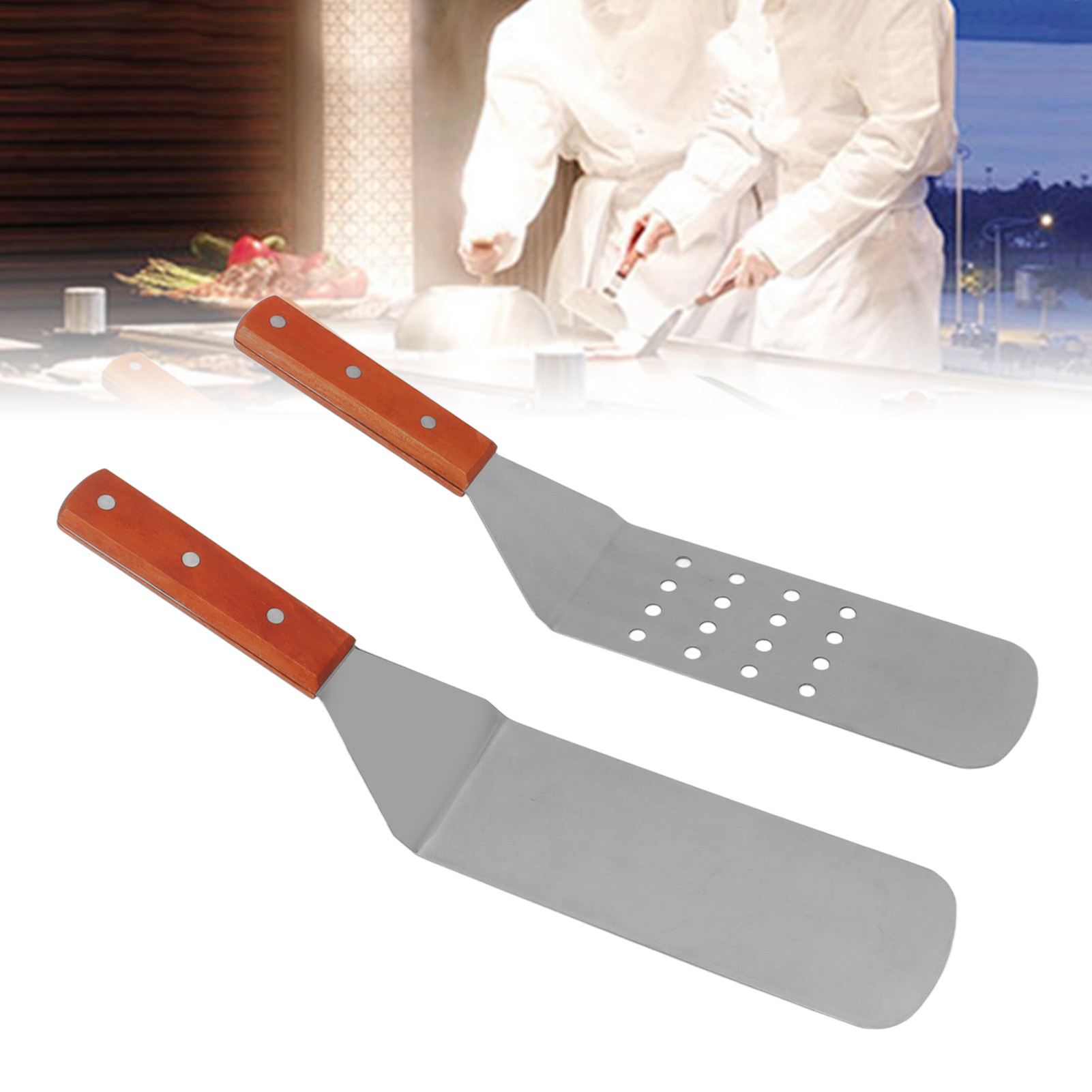 Teppanyaki-wender Aus Edelstahl Mit Rundem Kopf Und Langem Bratwender + Langer Perforierter Wender Mit Rundem Kopf