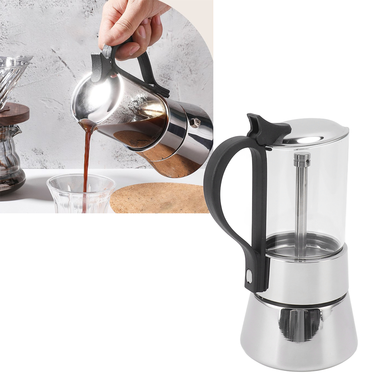 Italienische Moka-kaffeekanne Aus Dickem Edelstahl 304, Kaffeekanne Mit Sichtfilter, Moka-kaffeekanne Aus Glas.
