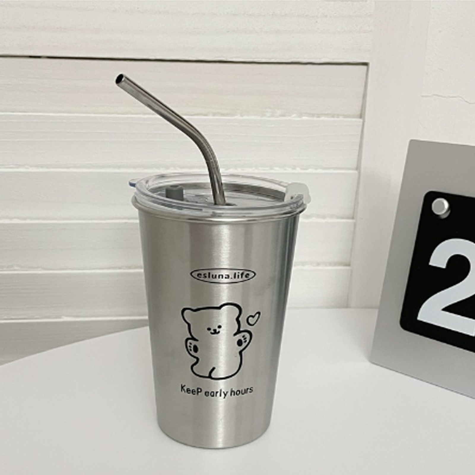 Edelstahl-trinkbecher Mit Strohhalm, Bruchsicher, Mit Deckel, Tragbarer Becher, Kaffeebecher, Becher Für Kalte Getränke Zu Hause, Fröhlicher Bär.