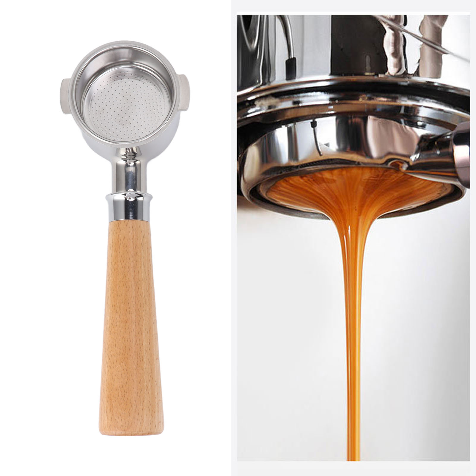 De'longhi Ec0310 A2 Kaffeemaschinengriff, 51 Mm, Zwei Griffe, Bodenlos, Edelstahl, Naturfarbenes Buchenholz-finish