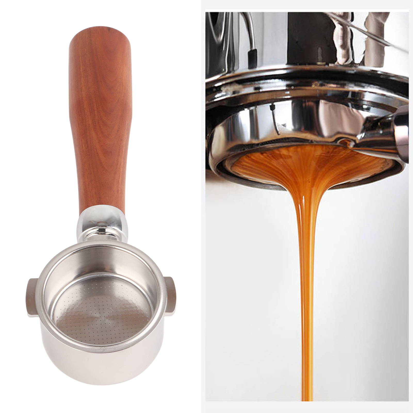 De'longhi 51 Mm Kaffeekanne Mit Bodenlosem Zwei-ohr-griff Aus Edelstahl Ec0310, E-style Zwei-ohr-kaffeegriff, Runder Ring Aus Rosenholz