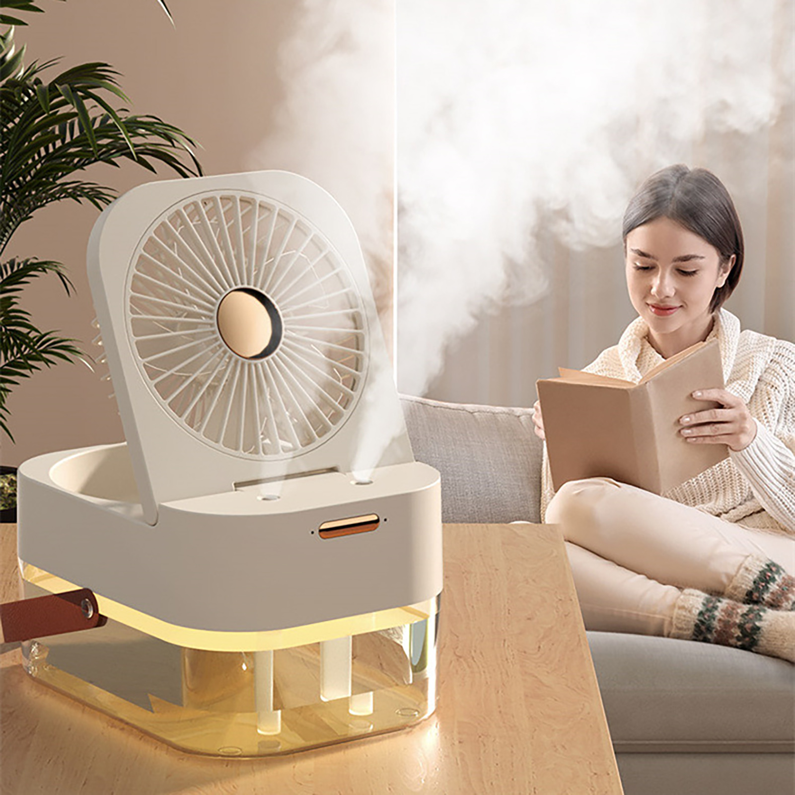 Tischventilator-luftbefeuchter Mit Mini-ventilator Und Ambiente-nachtlicht, Weiß.
