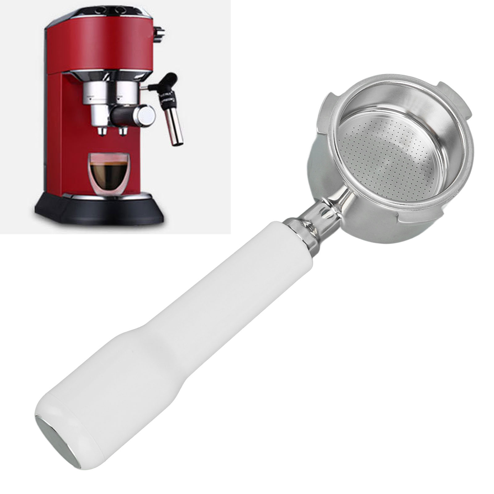 Modifikation Einer De'longhi Kaffeemaschine Mit Drei Edelstahlgriffen 51 Mm, Bodenlosem Einlagigem Filterhalter Modell C2, Weißem Kunststoff.